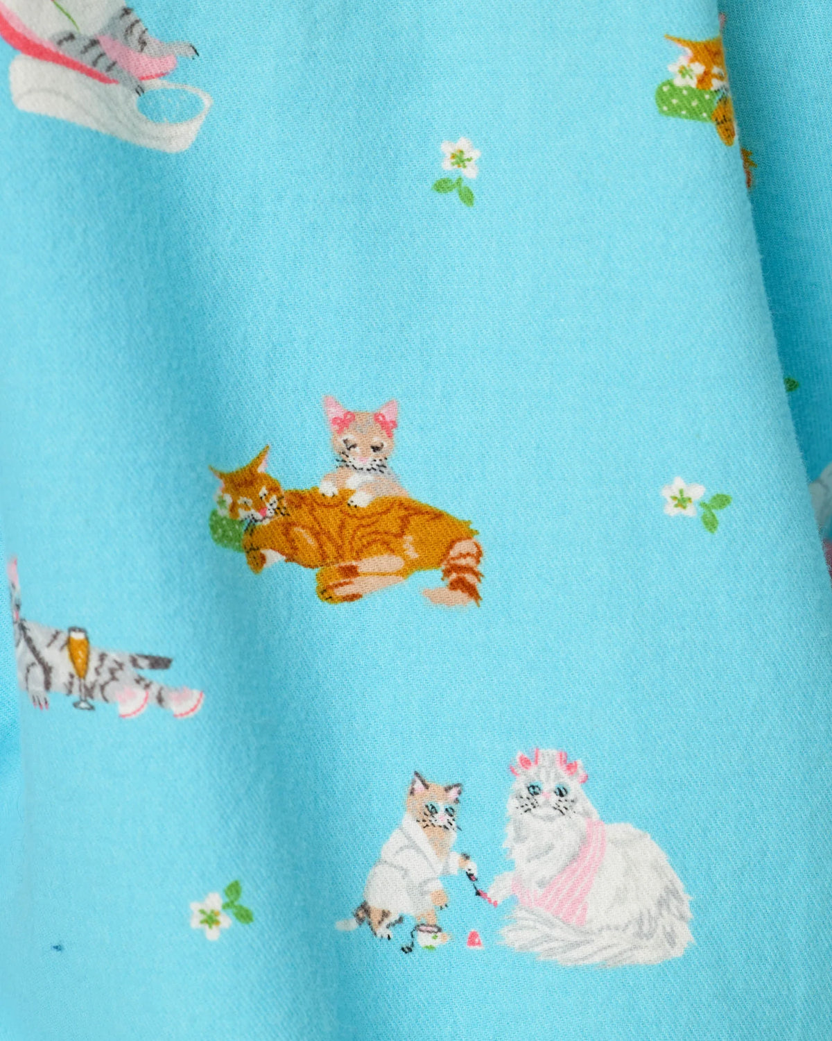 PJ Salvage Paws and Relax Pampered Cats Blue Elixir flannel fabric swatch — Cloud Nine Pajamas Edmonton