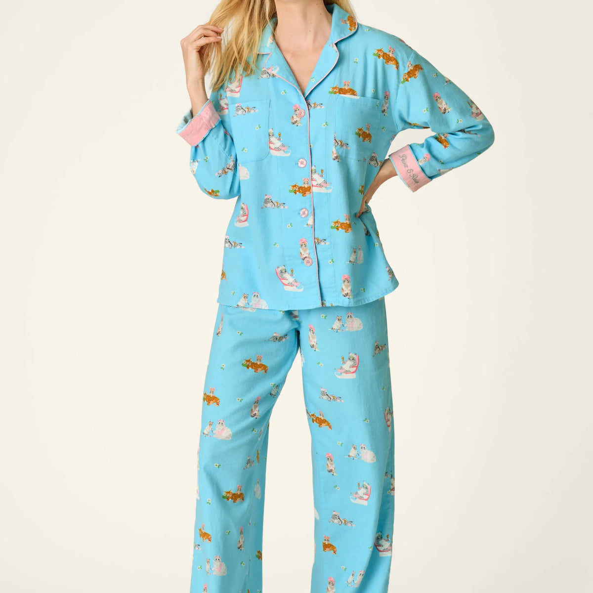 PJ Salvage Paws and Relax Pampered Cat 3-Piece Flannel Set front view on model — Cloud Nine Pajamas Edmonton
