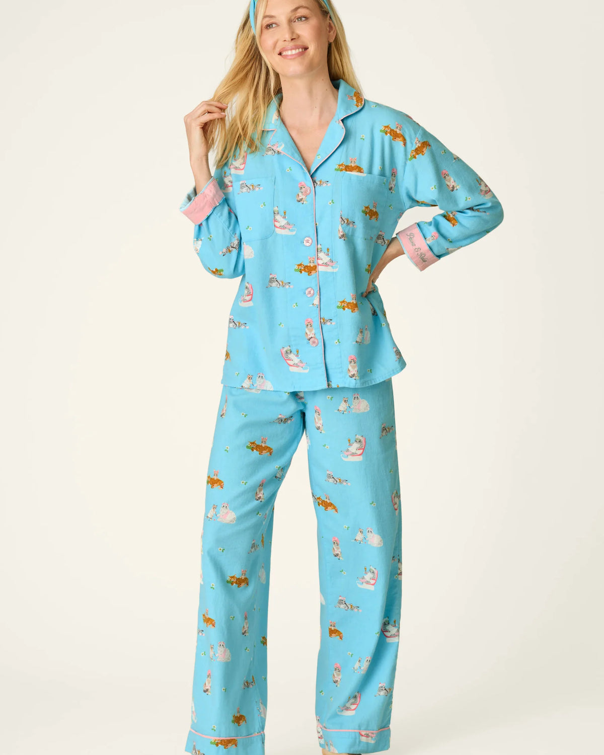 PJ Salvage Paws and Relax Pampered Cat 3-Piece Flannel Set front view on model — Cloud Nine Pajamas Edmonton