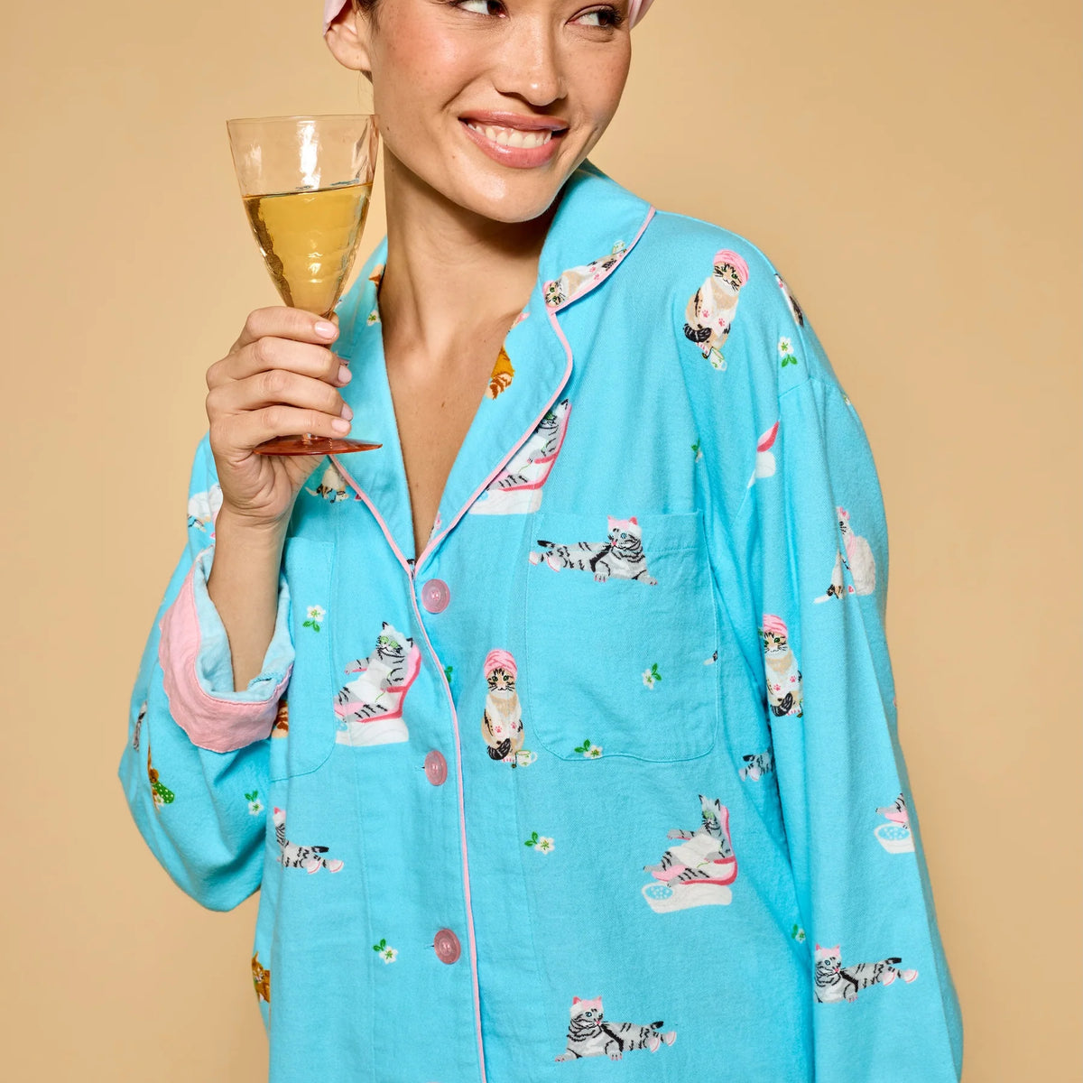 PJ Salvage Pampered Cat Flannel Set model lifestyle drinking out of a glass — Cloud Nine Pajamas Edmonton