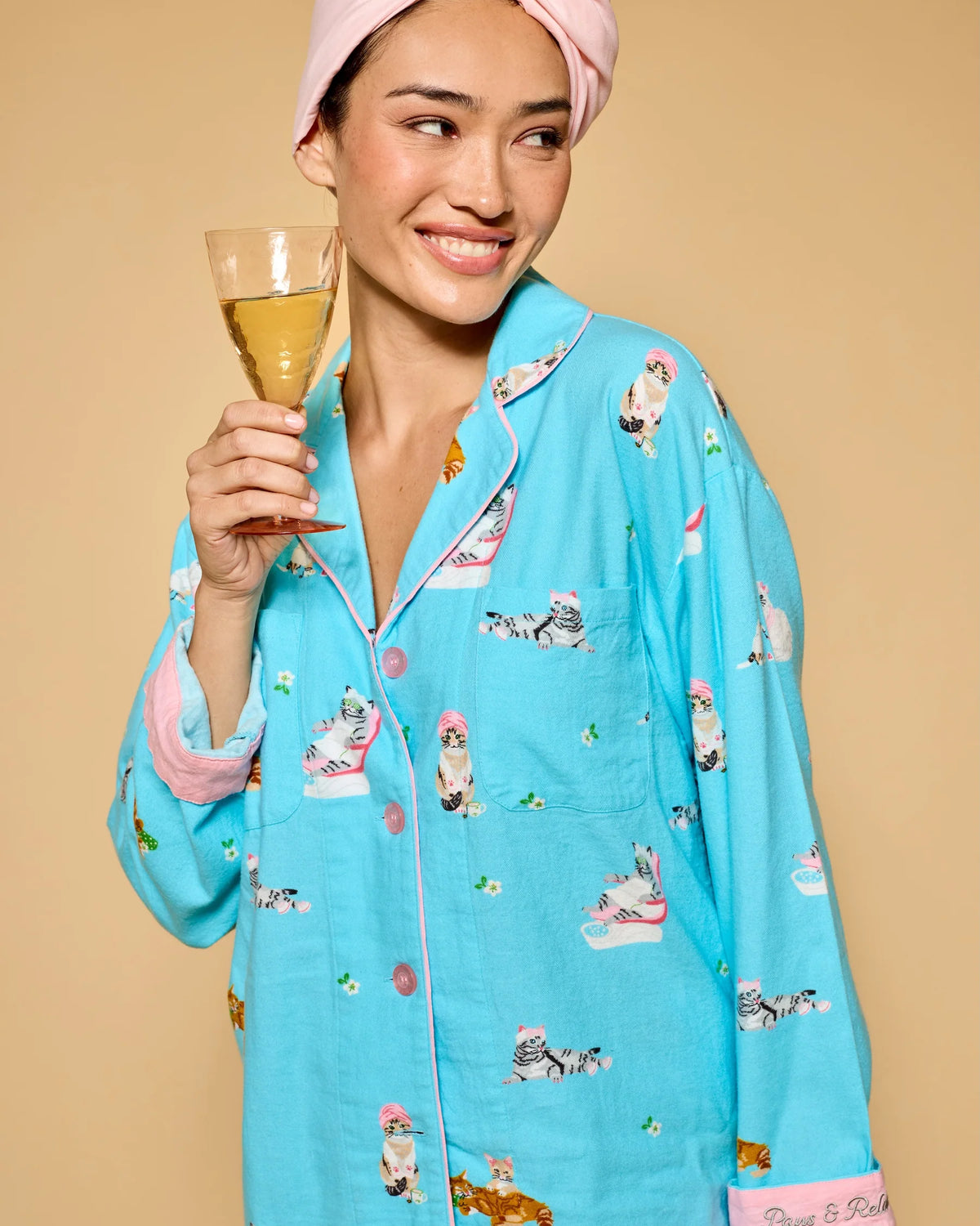 PJ Salvage Pampered Cat Flannel Set model lifestyle drinking out of a glass — Cloud Nine Pajamas Edmonton