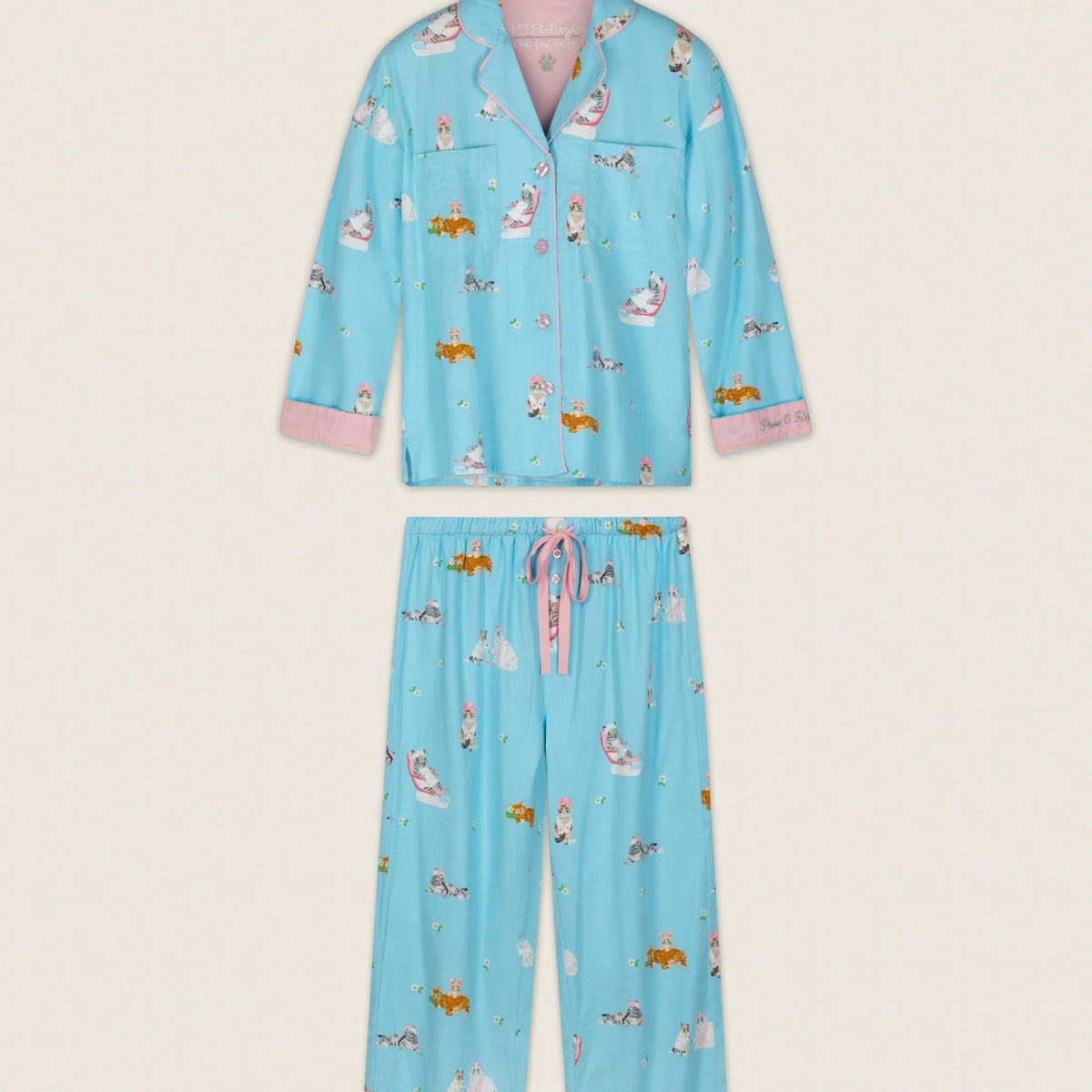 PJ Salvage Paws and Relax Pampered Cat 3-Piece Flannel Set front view flat lay - Cloud Nine Pajamas Edmonton