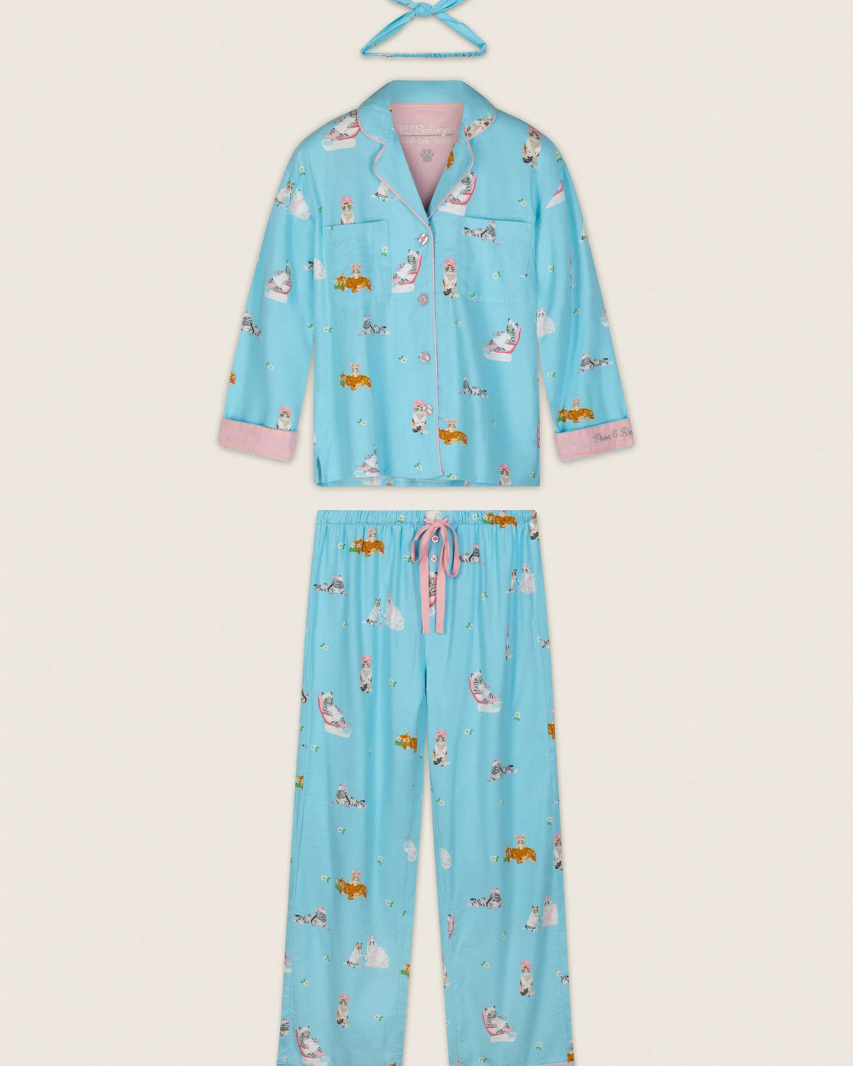 PJ Salvage Paws and Relax Pampered Cat 3-Piece Flannel Set front view flat lay - Cloud Nine Pajamas Edmonton