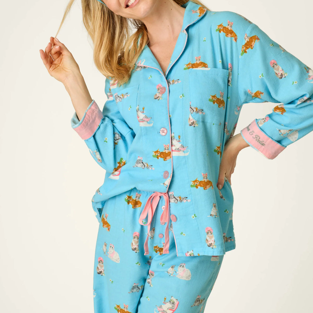 PJ Salvage Pampered Cat Flannel Set model lifestyle — Cloud Nine Pajamas Edmonton