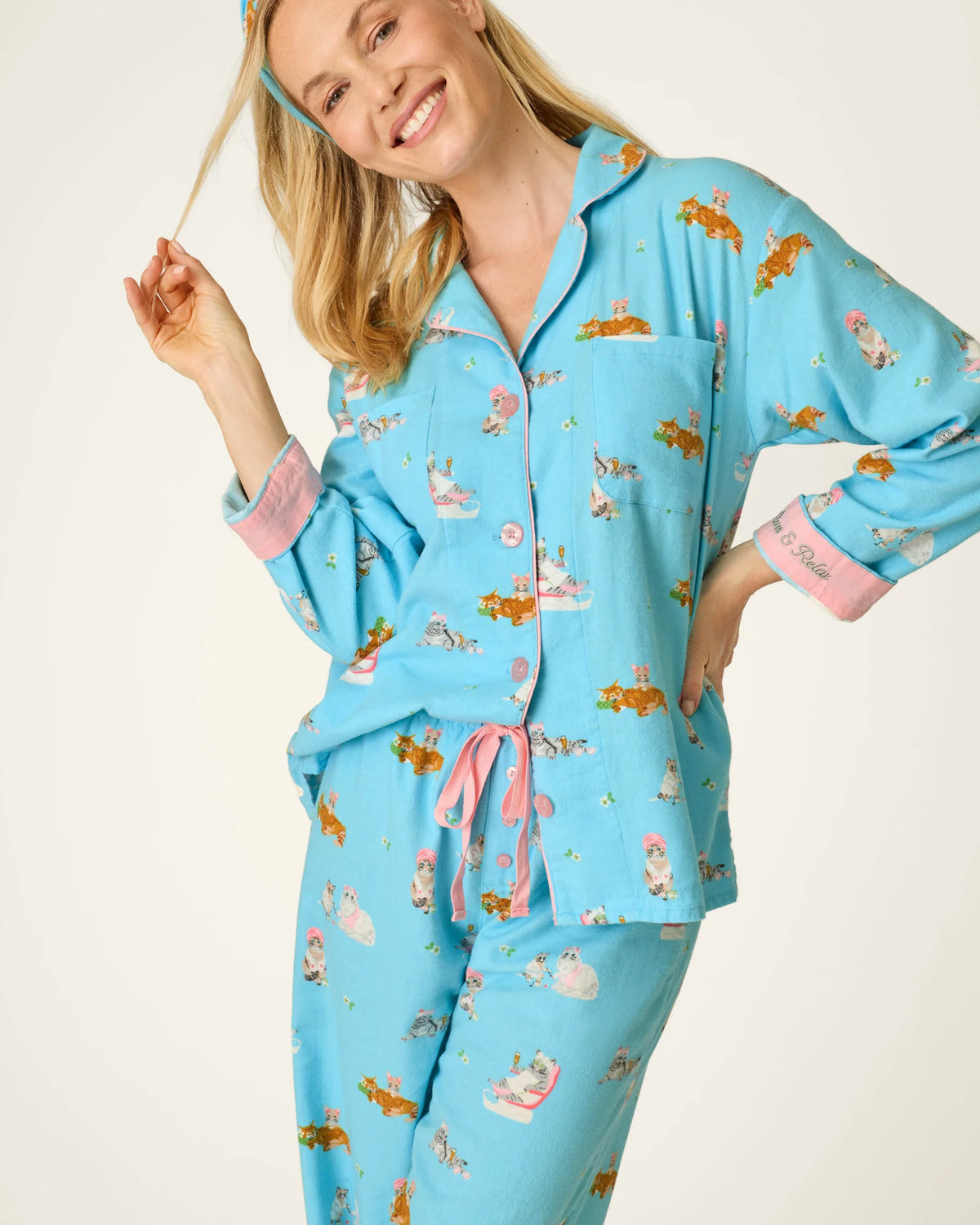 PJ Salvage Pampered Cat Flannel Set model lifestyle — Cloud Nine Pajamas Edmonton