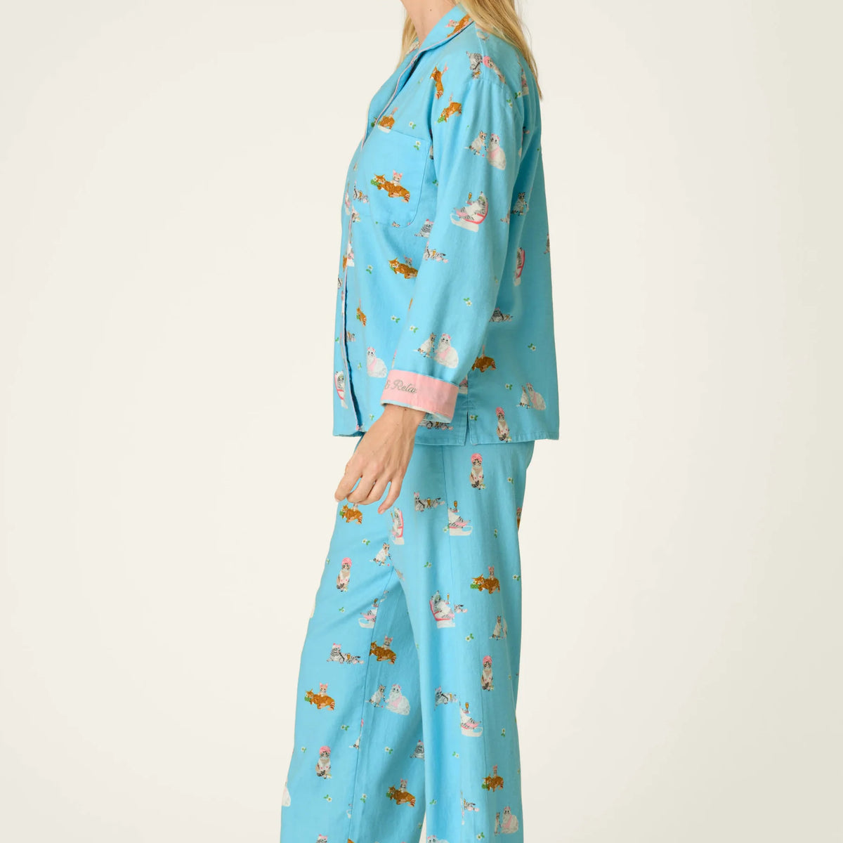 PJ Salvage Pampered Cat Flannel Set model side view — Cloud Nine Pajamas