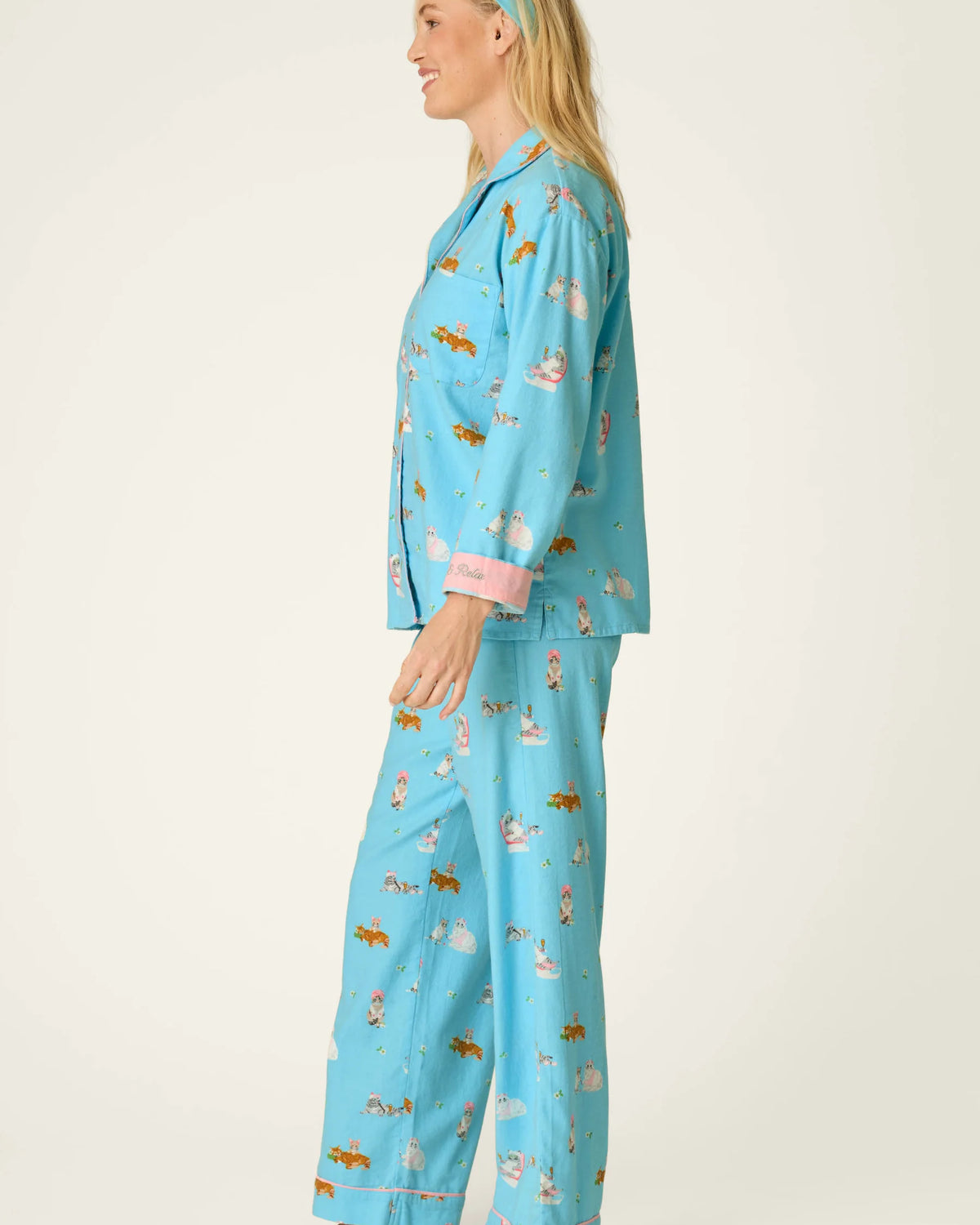 PJ Salvage Pampered Cat Flannel Set model side view — Cloud Nine Pajamas