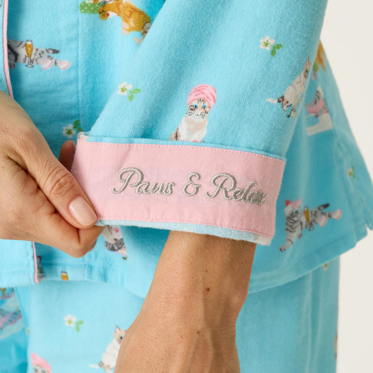 PJ Salvage Pampered Cat Flannel Set top embroidered cuff Paws and Relax detail — Cloud Nine Pajamas