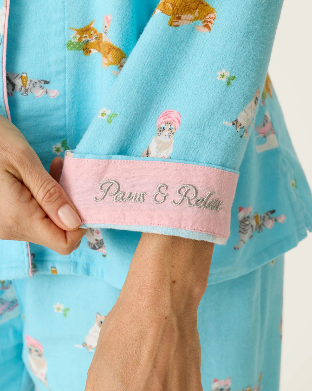 PJ Salvage Pampered Cat Flannel Set top embroidered cuff Paws and Relax detail — Cloud Nine Pajamas