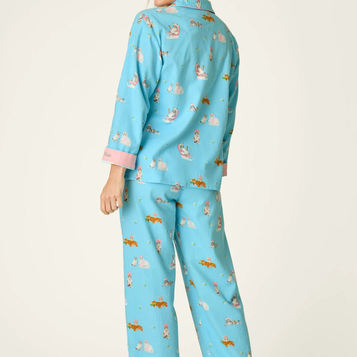 PJ Salvage Pampered Cat Flannel Set model back view — Cloud Nine Pajamas Edmonton