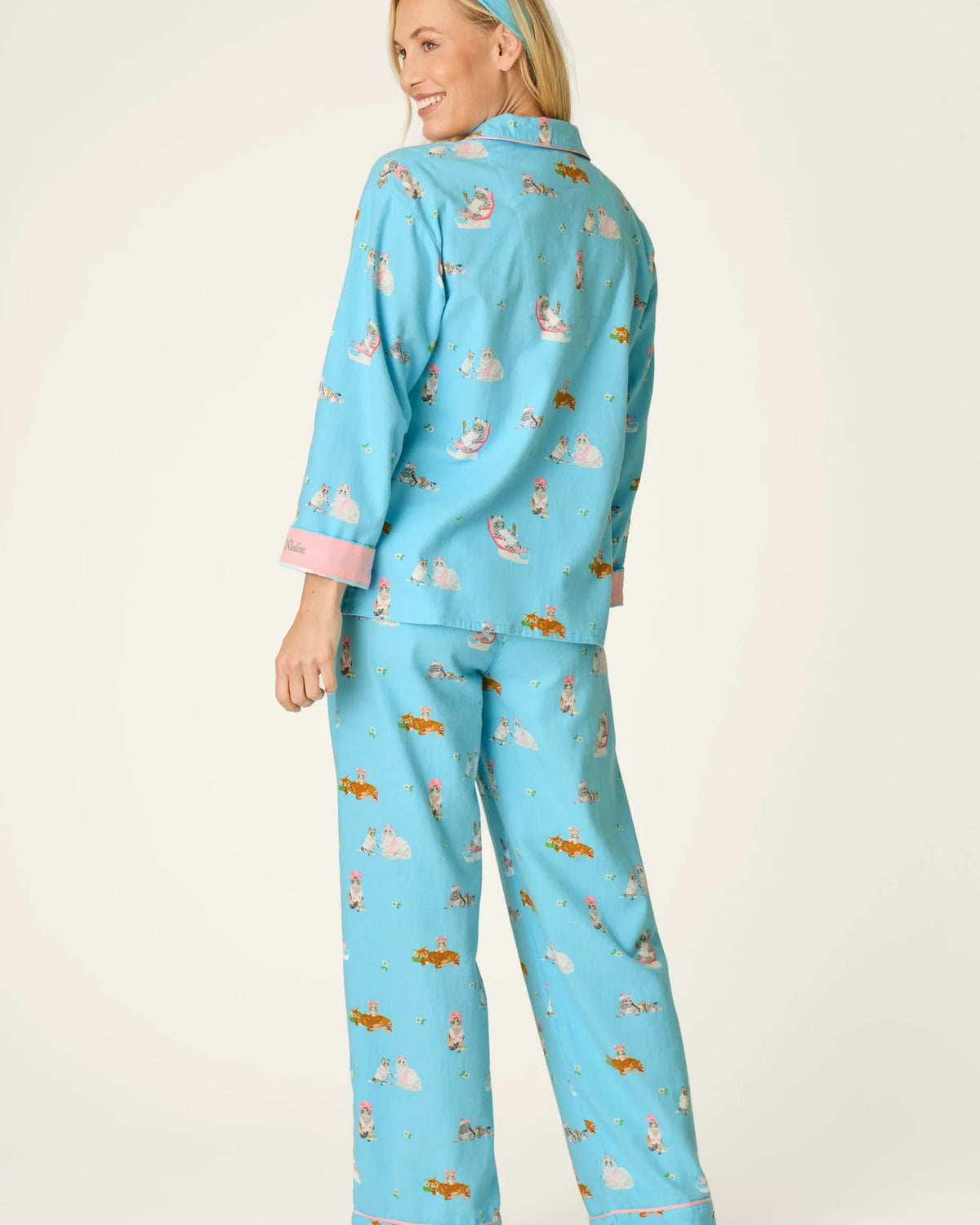 PJ Salvage Pampered Cat Flannel Set model back view — Cloud Nine Pajamas Edmonton