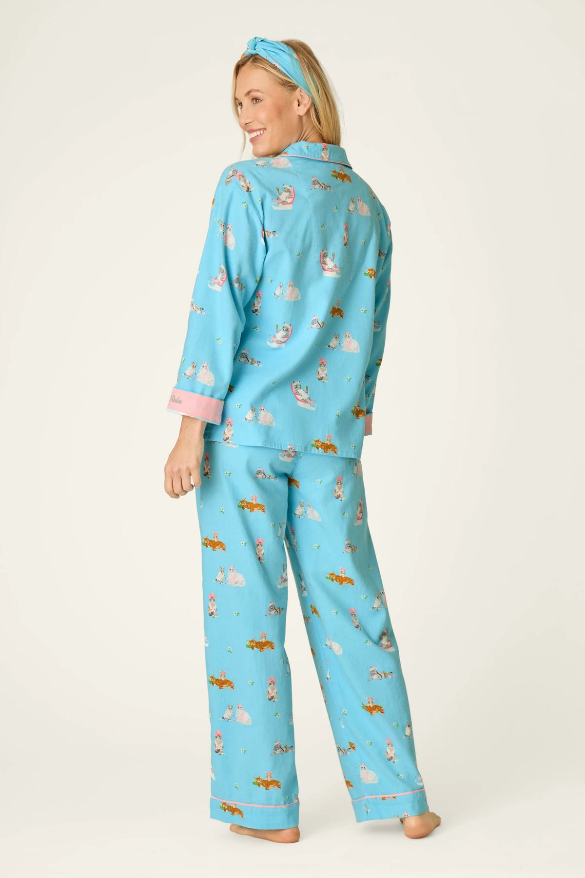 PJ Salvage Pampered Cat Flannel Set model back view — Cloud Nine Pajamas Edmonton