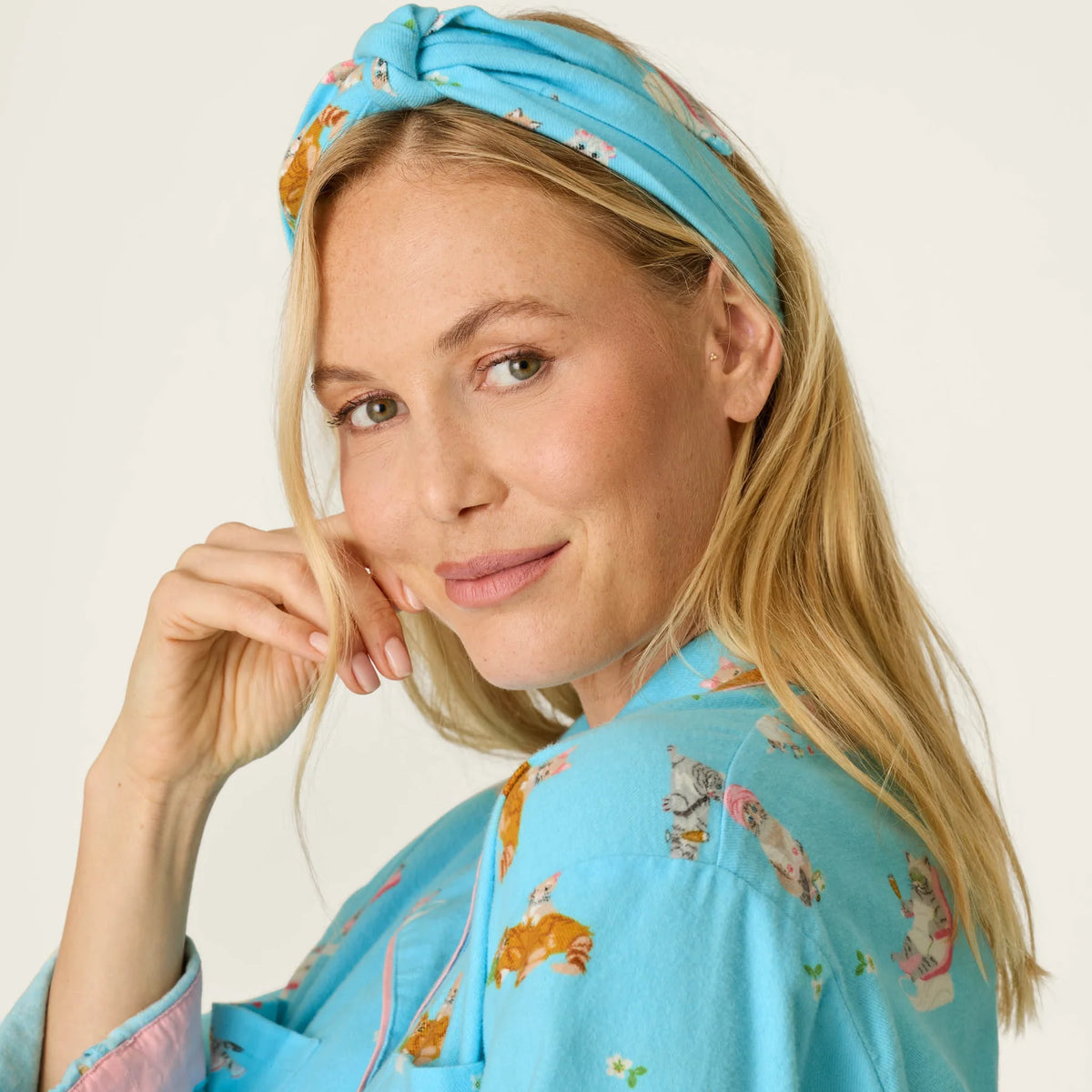 PJ Salvage Pampered Cat Flannel Set hair wrap detail — Cloud Nine Pajamas