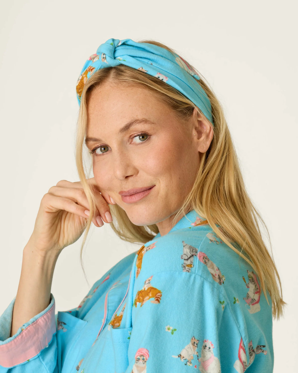 PJ Salvage Pampered Cat Flannel Set hair wrap detail — Cloud Nine Pajamas