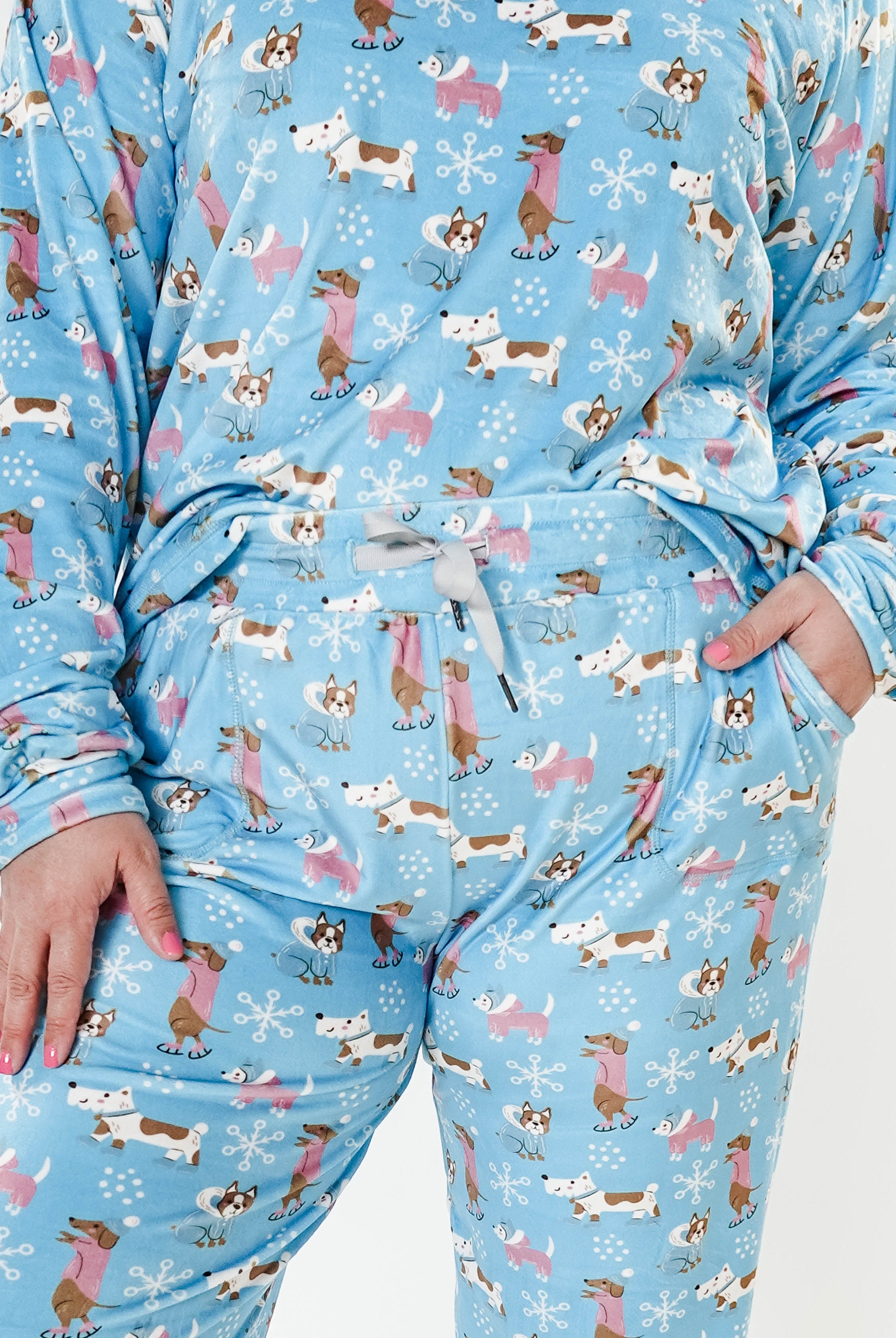 women's dogs on ice skates print velour top and jogger set on blue background - Miranda Nic