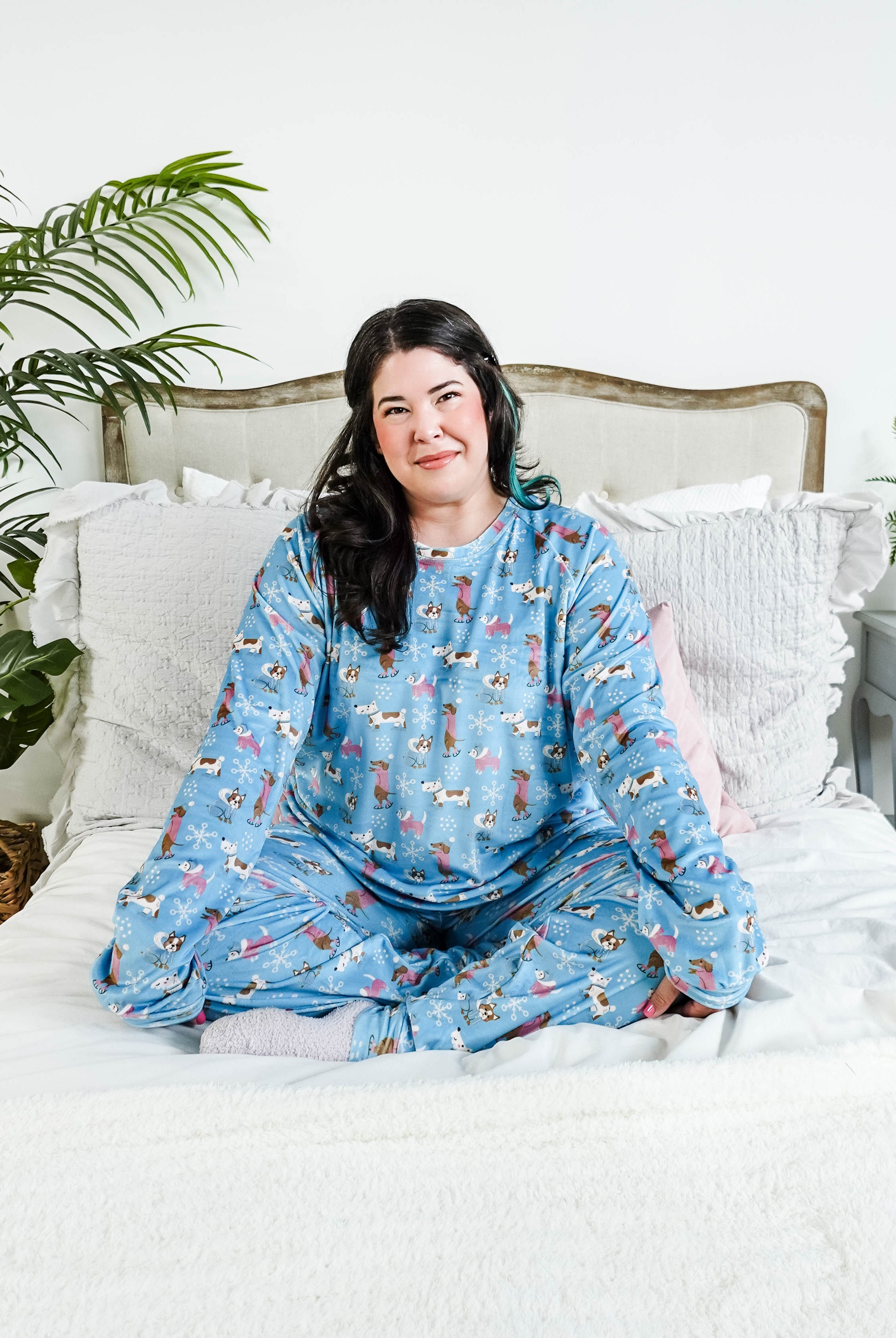 women's dogs on ice skates print velour top and jogger set on blue background - Miranda Nic