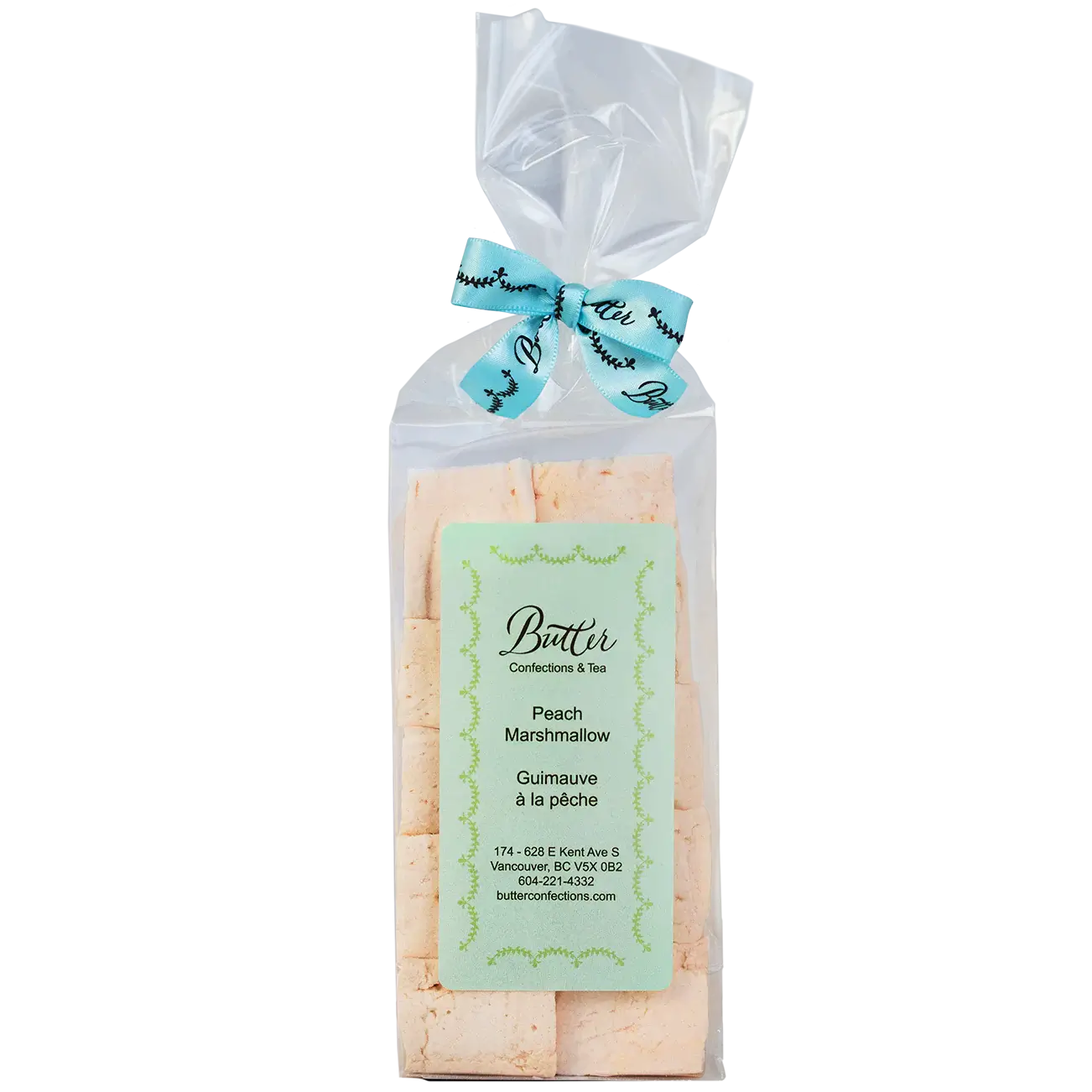 Handcrafted Gourmet Marshmallows in a clear bag, featuring a Peach Marshmallow and a decorative ribbon.