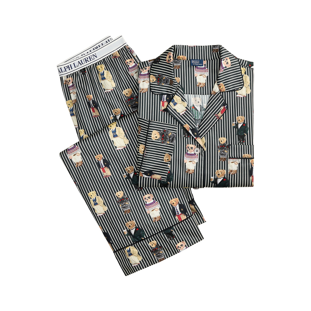 Polo Ralph Lauren Madison Bear Striped Cotton Sateen Pajama Set folded off-figure — Cloud Nine Pajamas Edmonton