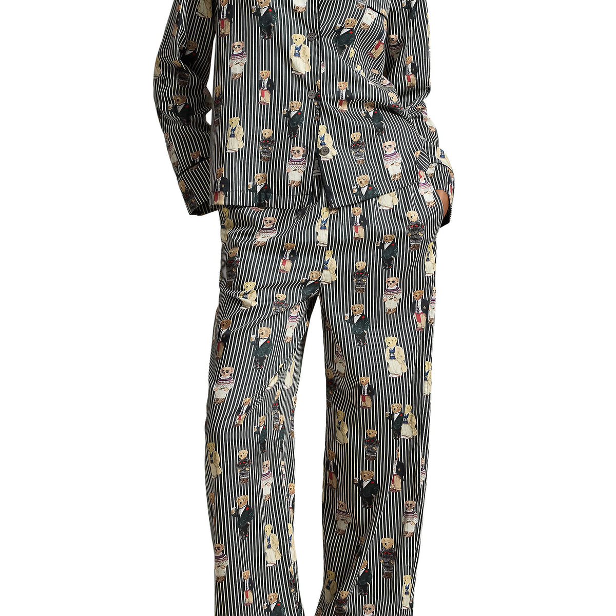 Polo Ralph Lauren Madison Bear Striped Cotton Sateen Pajama Set front view on model — Cloud Nine Pajamas Edmonton