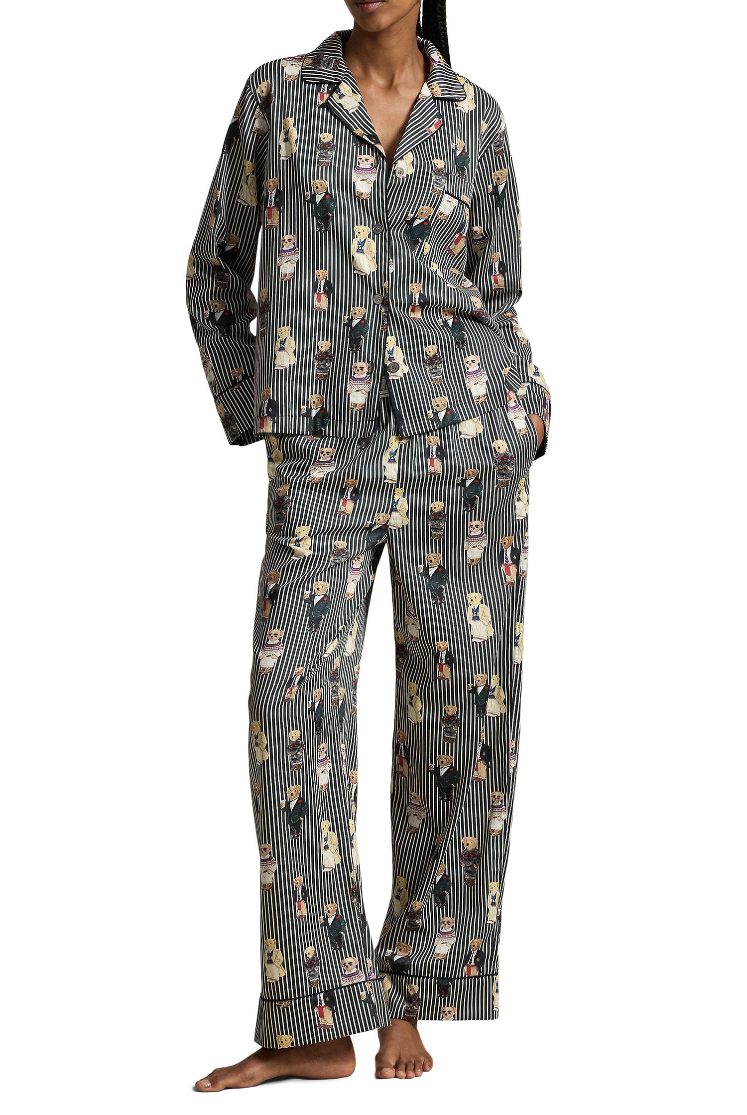 Polo Ralph Lauren Madison Bear Striped Cotton Sateen Pajama Set front view on model — Cloud Nine Pajamas Edmonton