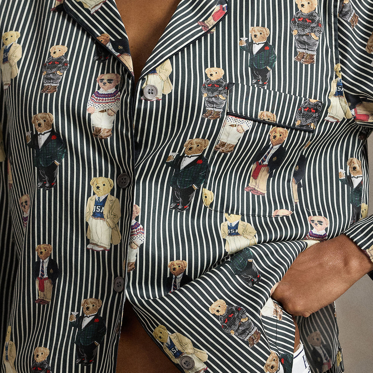 Polo Ralph Lauren Madison Bear Pajama Set notch collar and button placket detail — Cloud Nine Pajamas