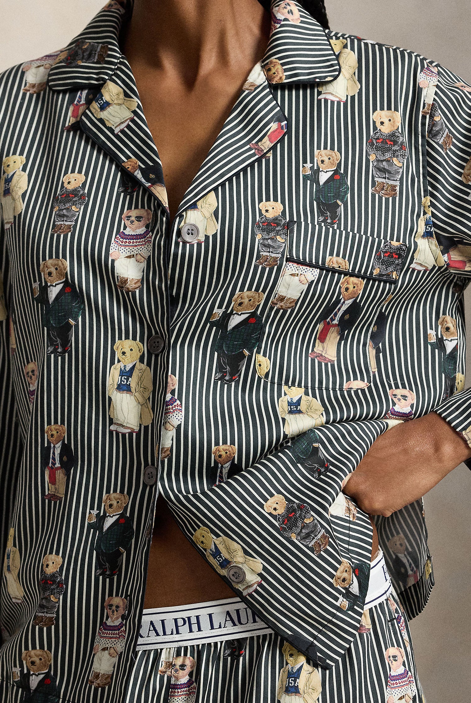 Polo Ralph Lauren Madison Bear Pajama Set notch collar and button placket detail — Cloud Nine Pajamas