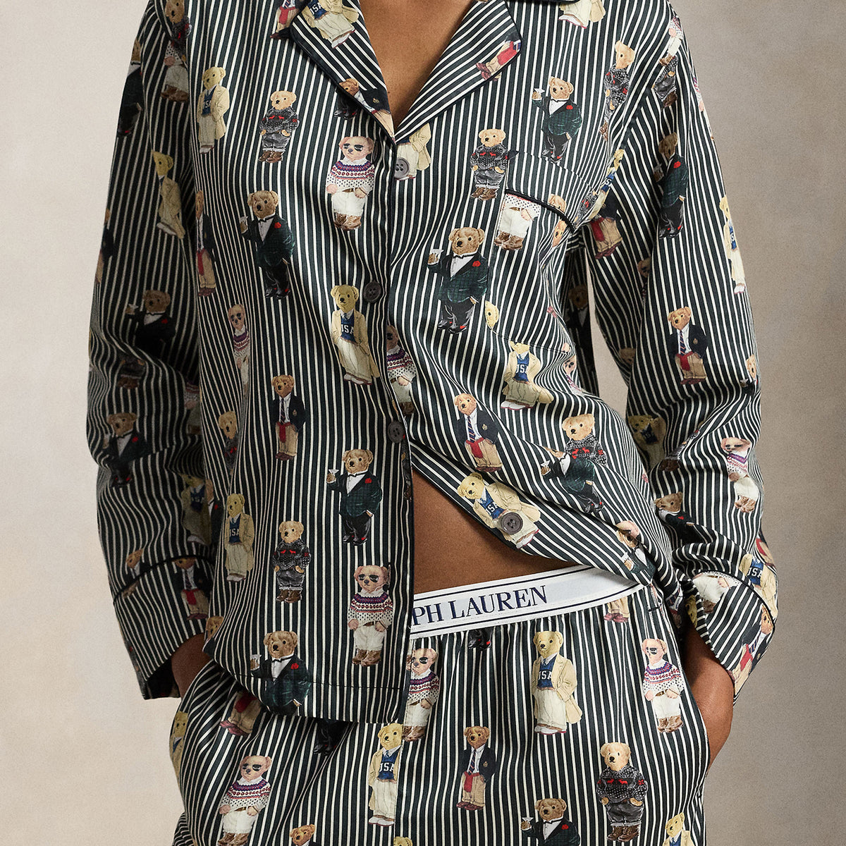 Polo Ralph Lauren Madison Bear Pajama Set Polo Bear print close up — Cloud Nine Pajamas