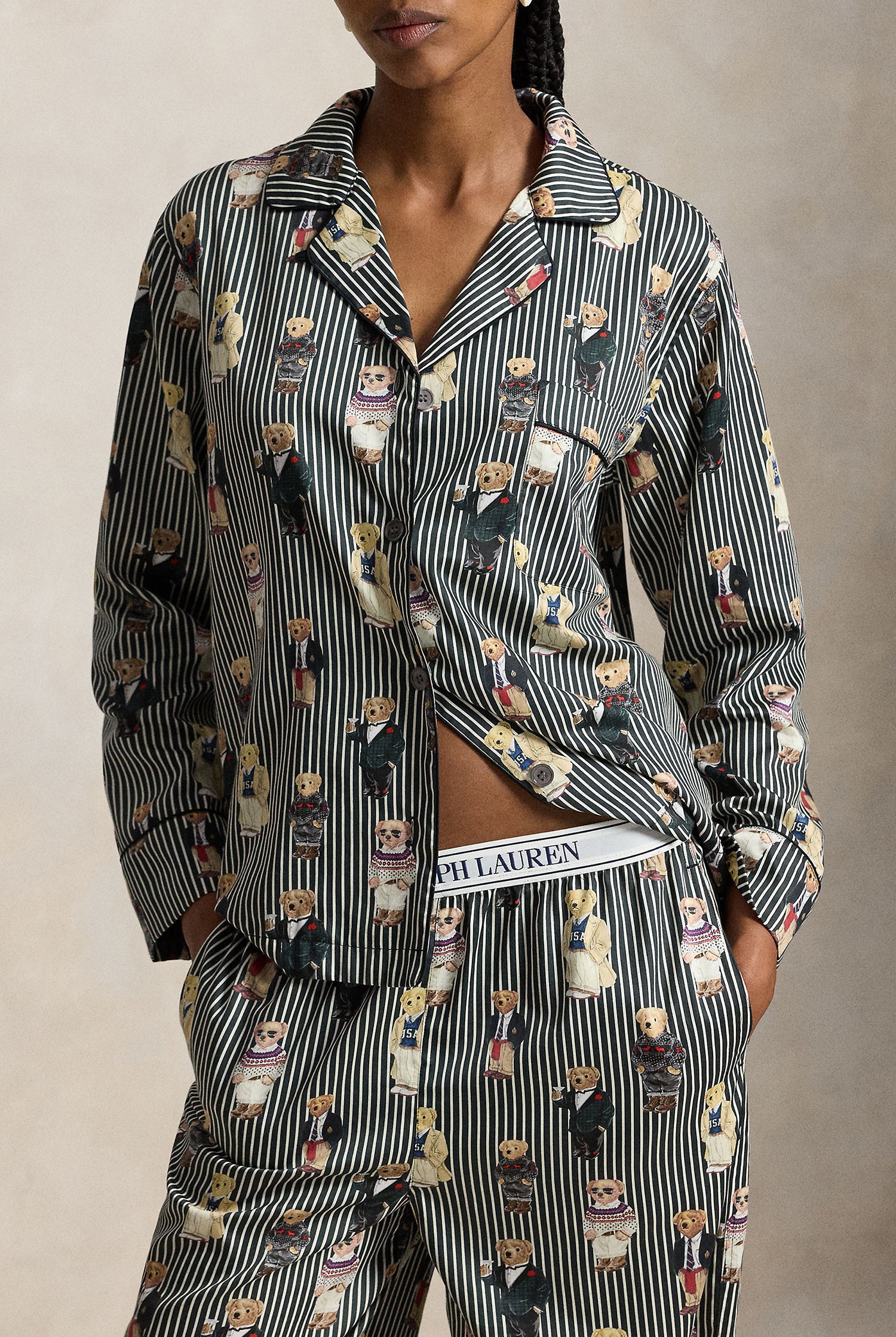 Polo Ralph Lauren Madison Bear Pajama Set Polo Bear print close up — Cloud Nine Pajamas