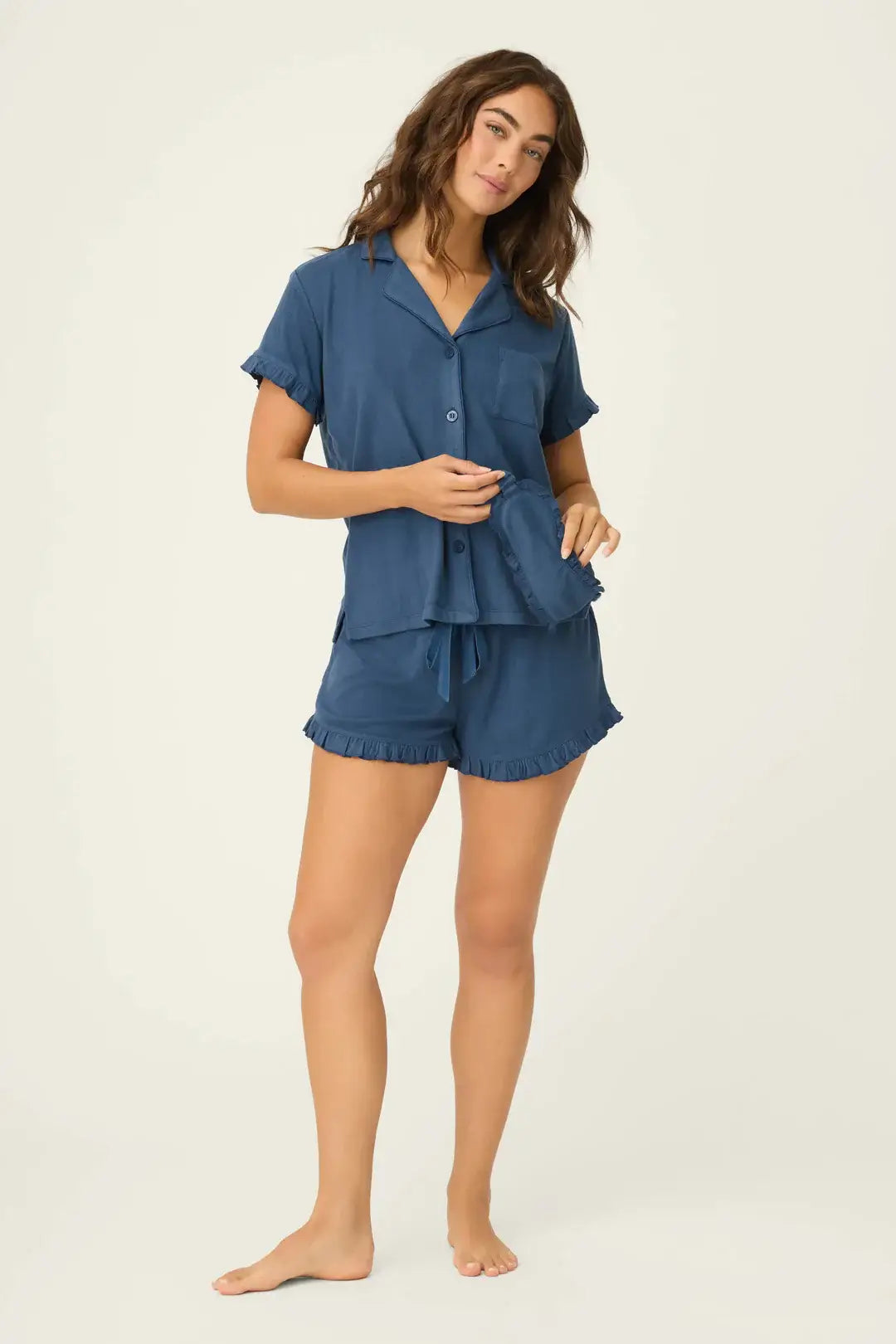 Pointelle Essentials Deep Sea 3-Piece Shorts Set PJ Salvage model wearing a comfortable pajama set in deep sea color.