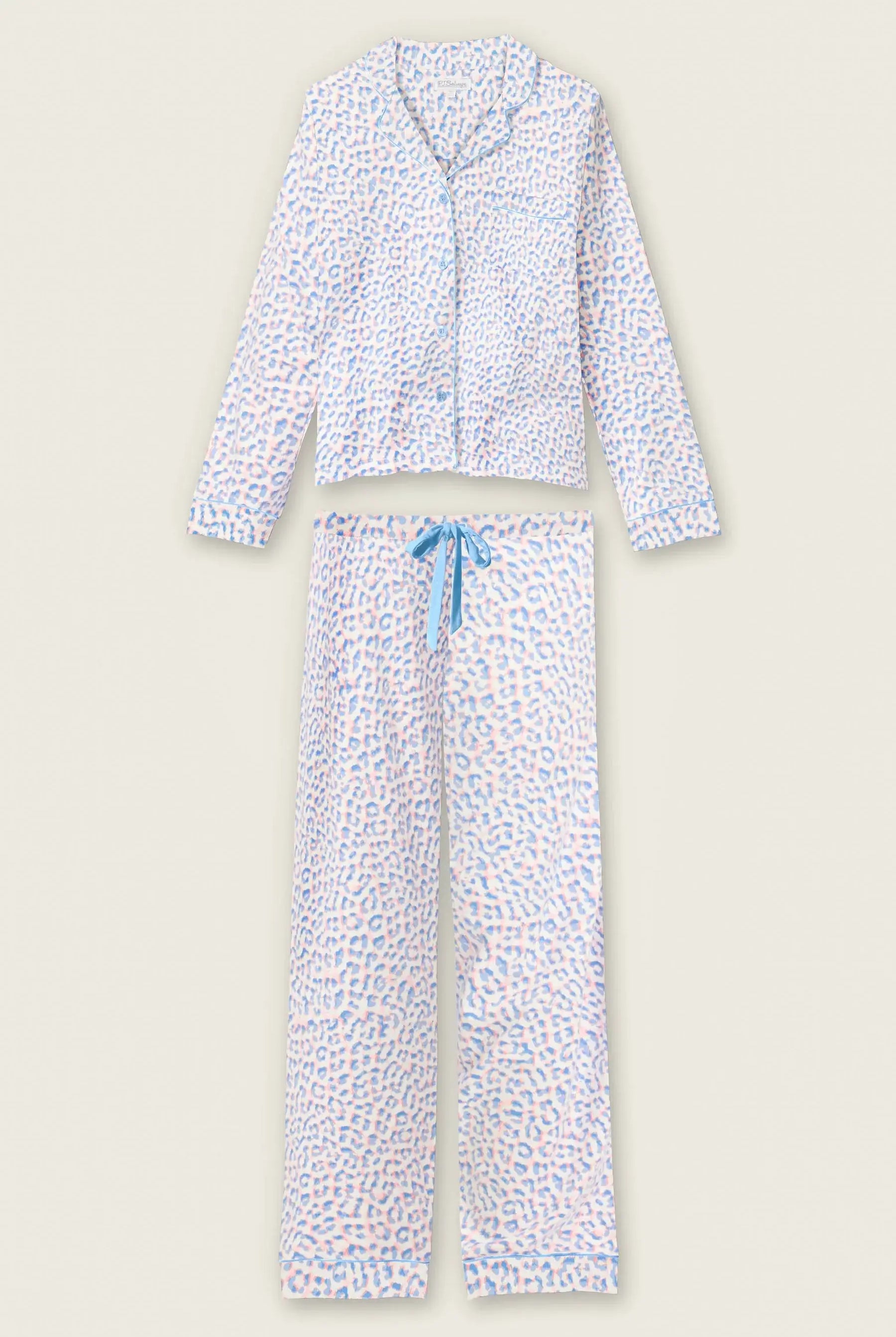Whimsy Walk On The Wild Side PJ Set featuring a leopard print design in sky-blue and soft-coral colors.
