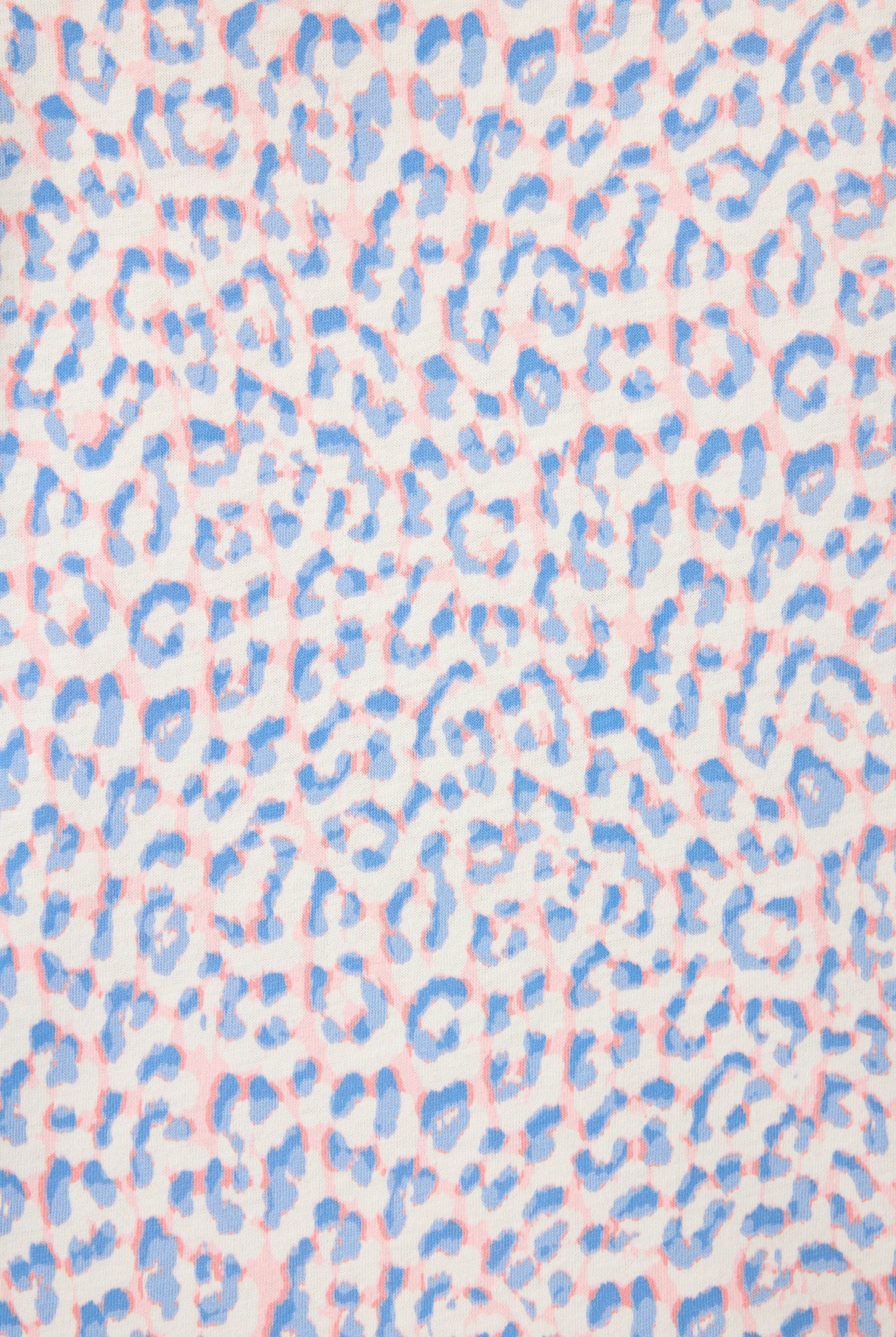 Leopard print pattern featuring pastel sky-blue and soft-coral hues for the Whimsy Walk On The Wild Side PJ Set.