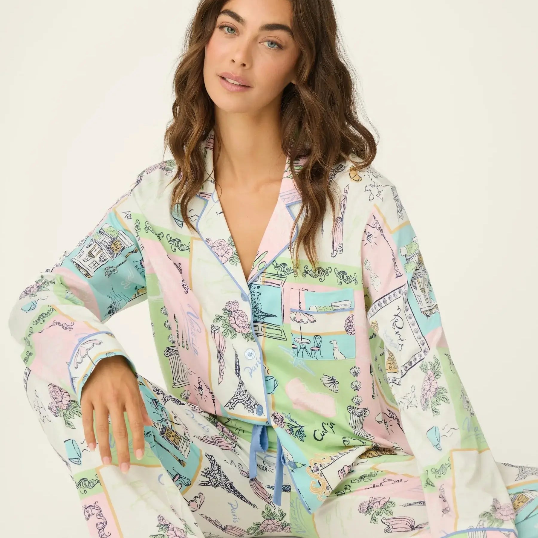 Whimsy Postcards From Paris PJ Set by PJ Salvage featuring pastel sketches of Paris landmarks in delicate colors.