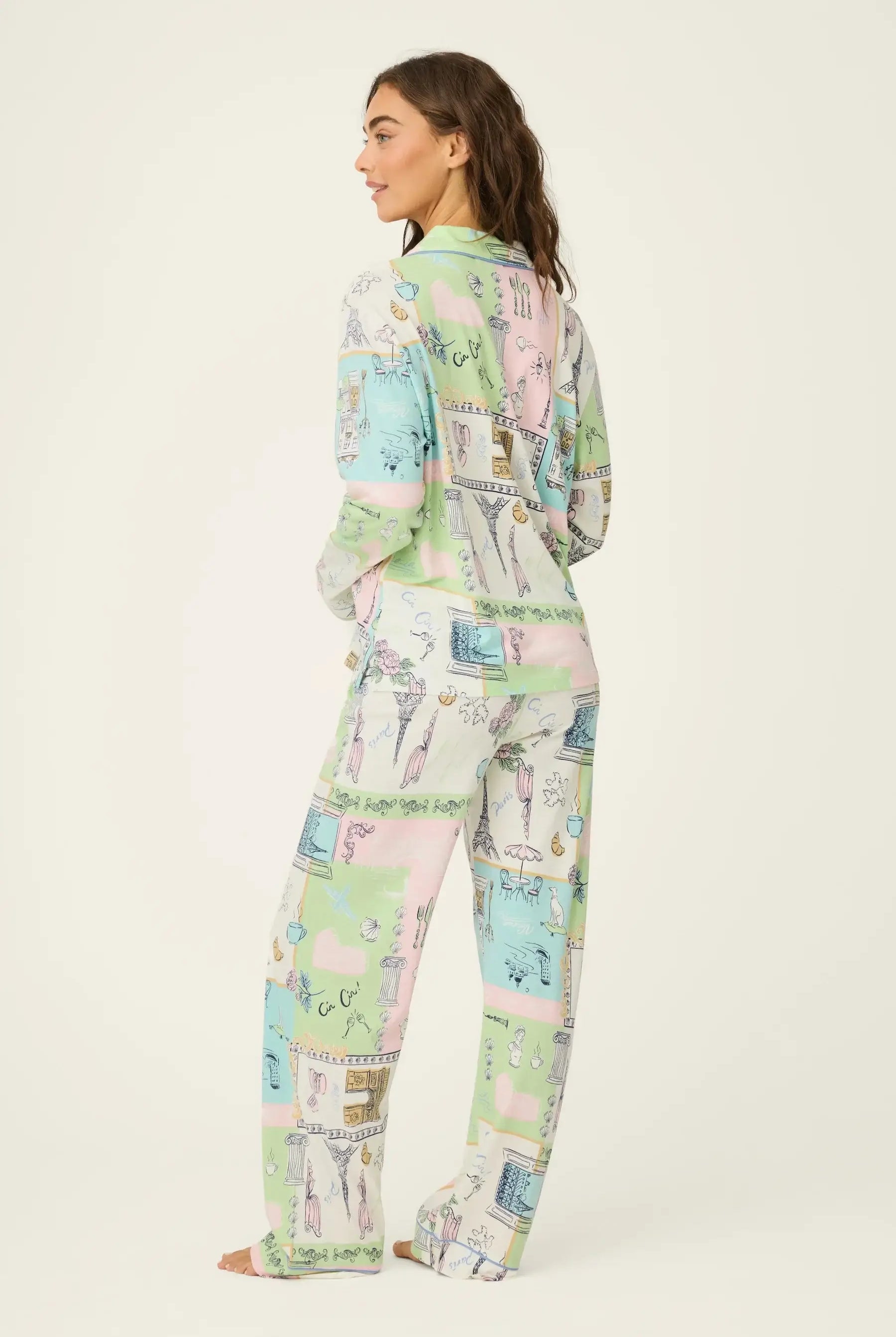 Whimsy Postcards From Paris PJ Set featuring pastel sketches and a relaxed fit, perfect for cozy nights.