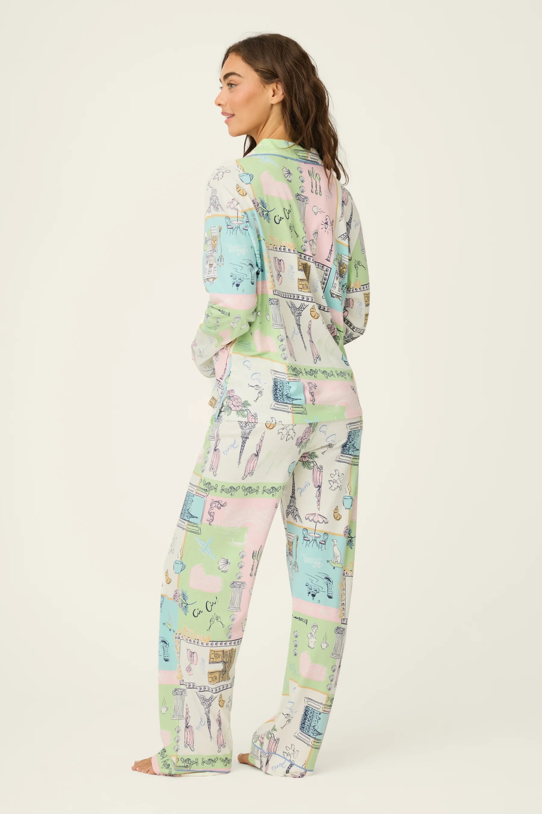 Whimsy Postcards From Paris PJ Set featuring pastel sketches and a relaxed fit, perfect for cozy nights.