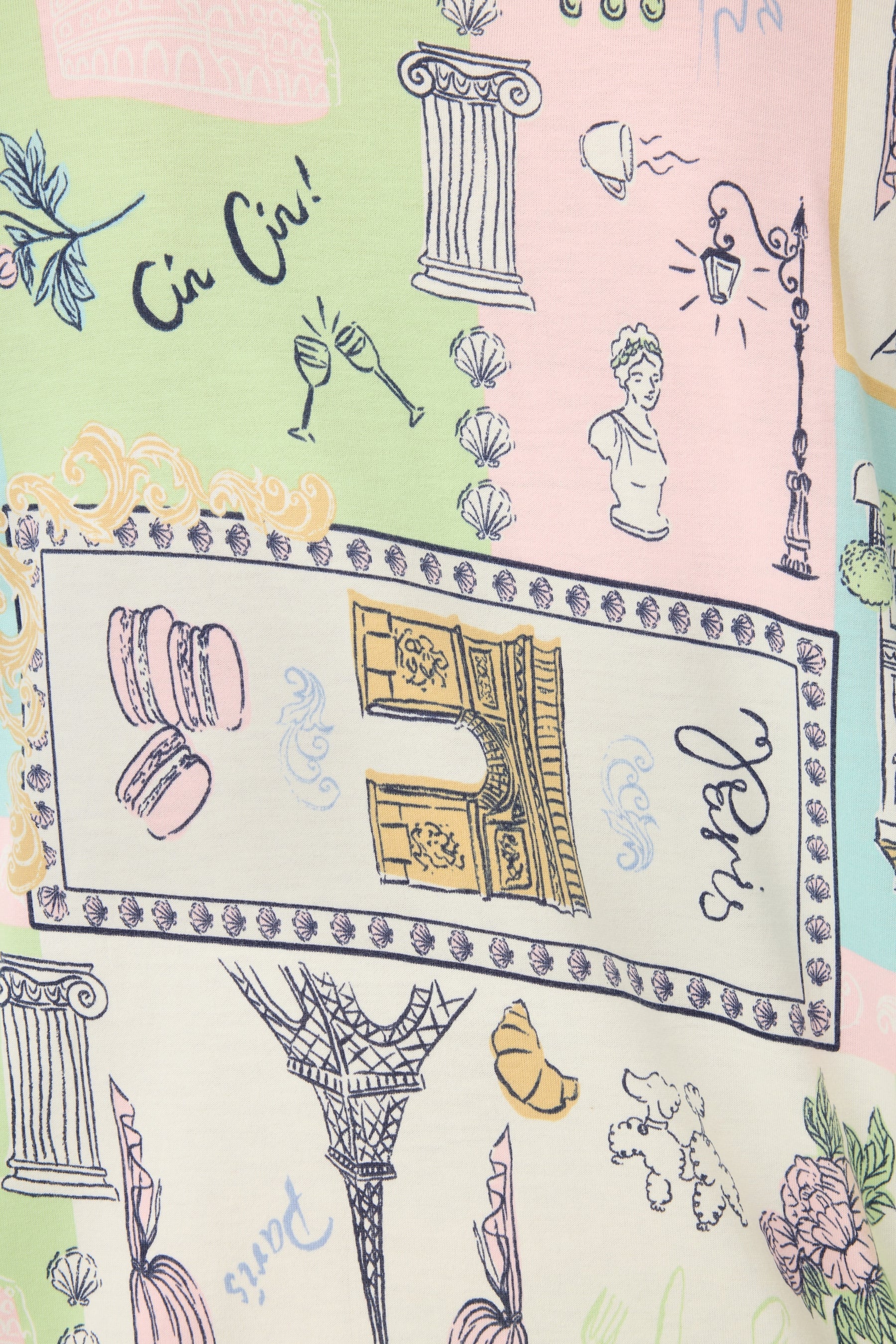 Whimsy Postcards From Paris PJ Set featuring pastel sketches of landmarks and culinary delights.