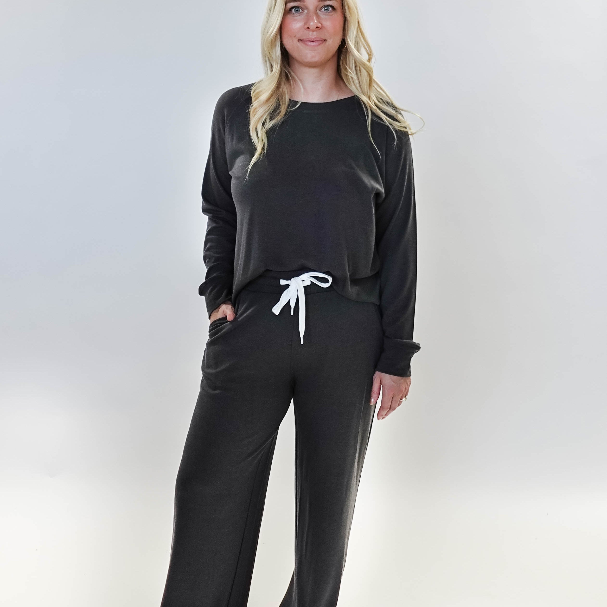 women's bamboo blend lounge set casual long sleeve top and straight pant MIRANDA NIC Charcoal Grey