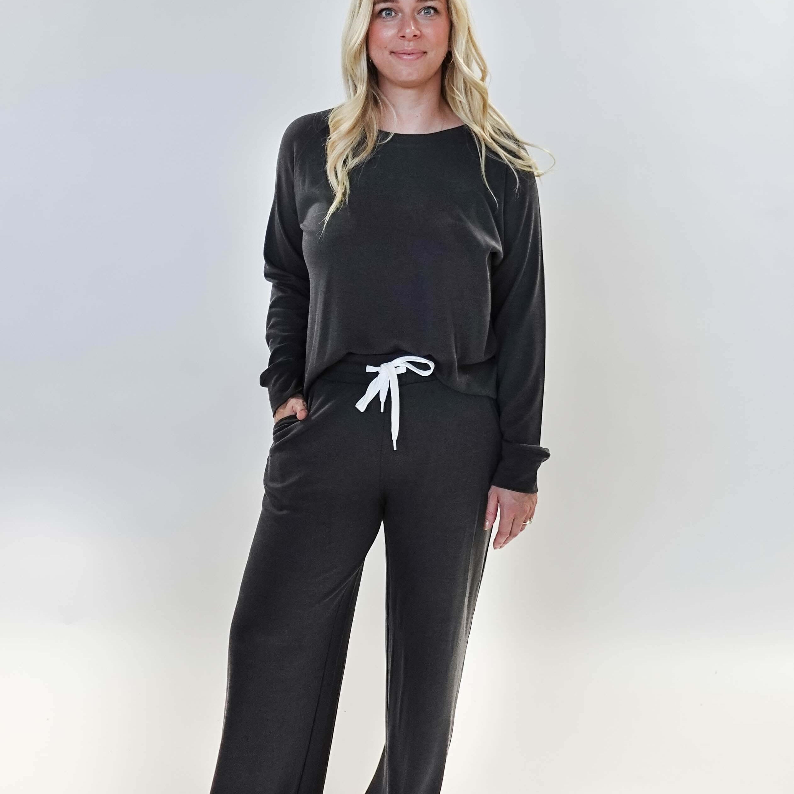 women's bamboo blend lounge set casual long sleeve top and straight pant MIRANDA NIC Charcoal Grey