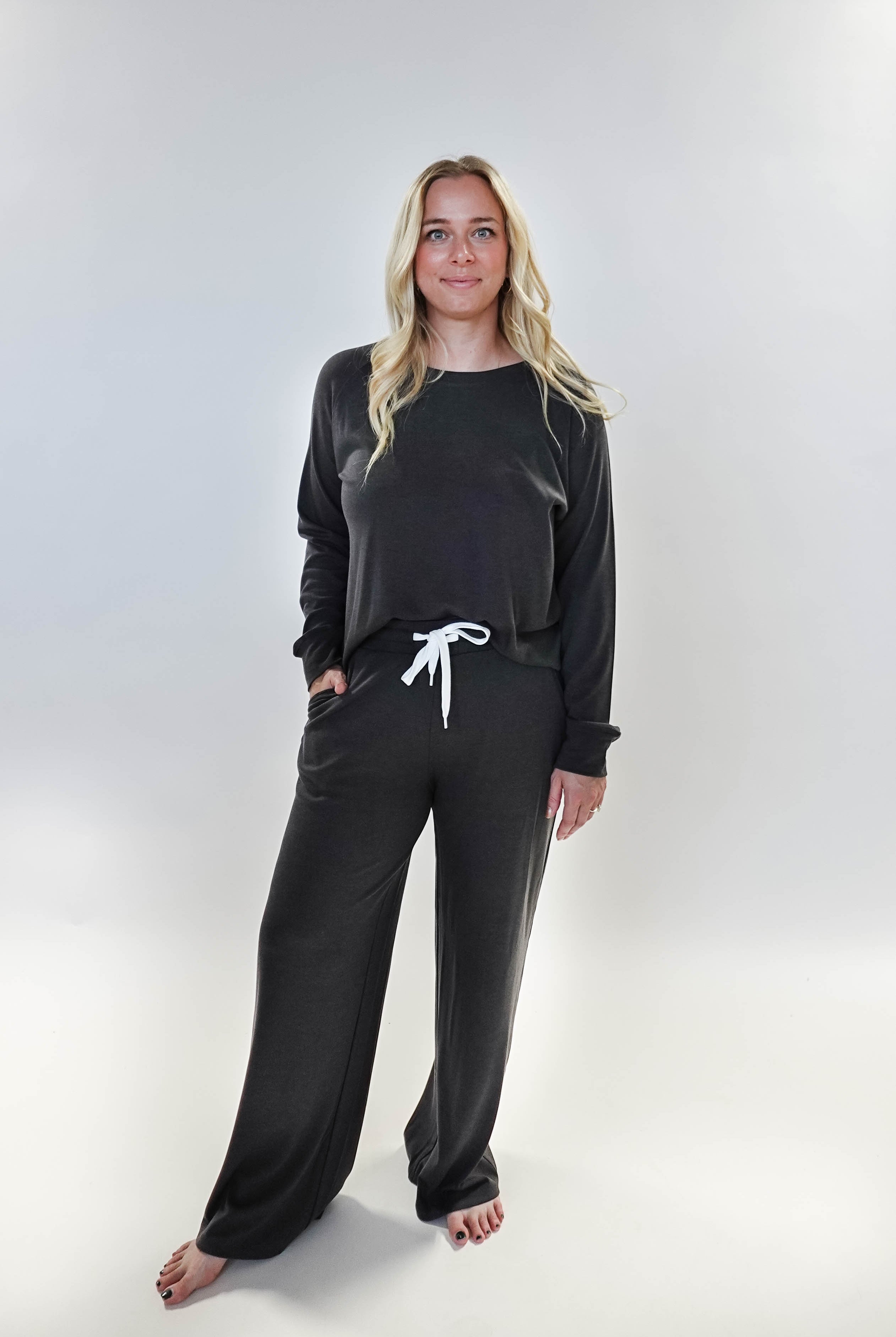 women's bamboo blend lounge set casual long sleeve top and straight pant MIRANDA NIC Charcoal Grey