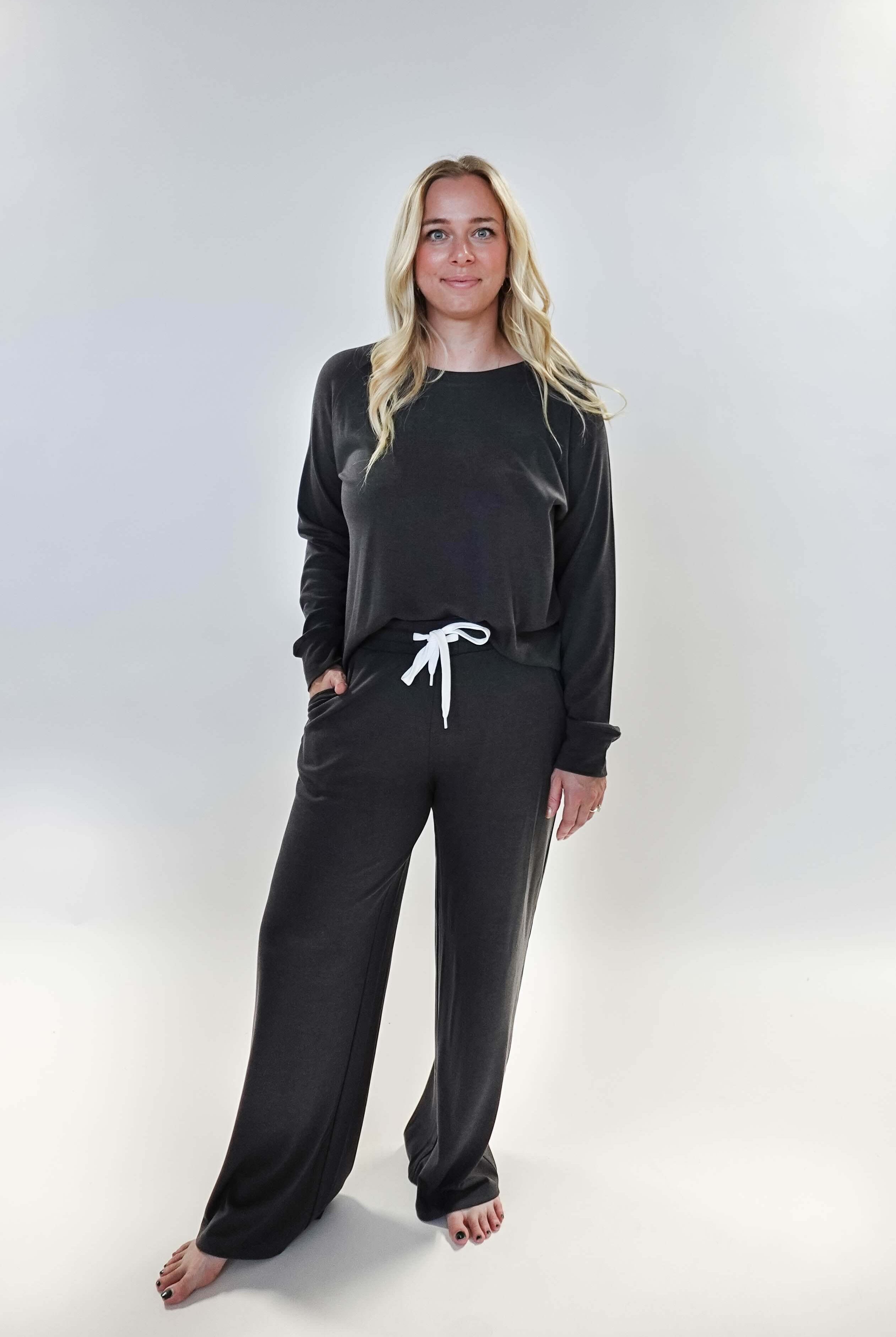 women's bamboo blend lounge set casual long sleeve top and straight pant MIRANDA NIC Charcoal Grey