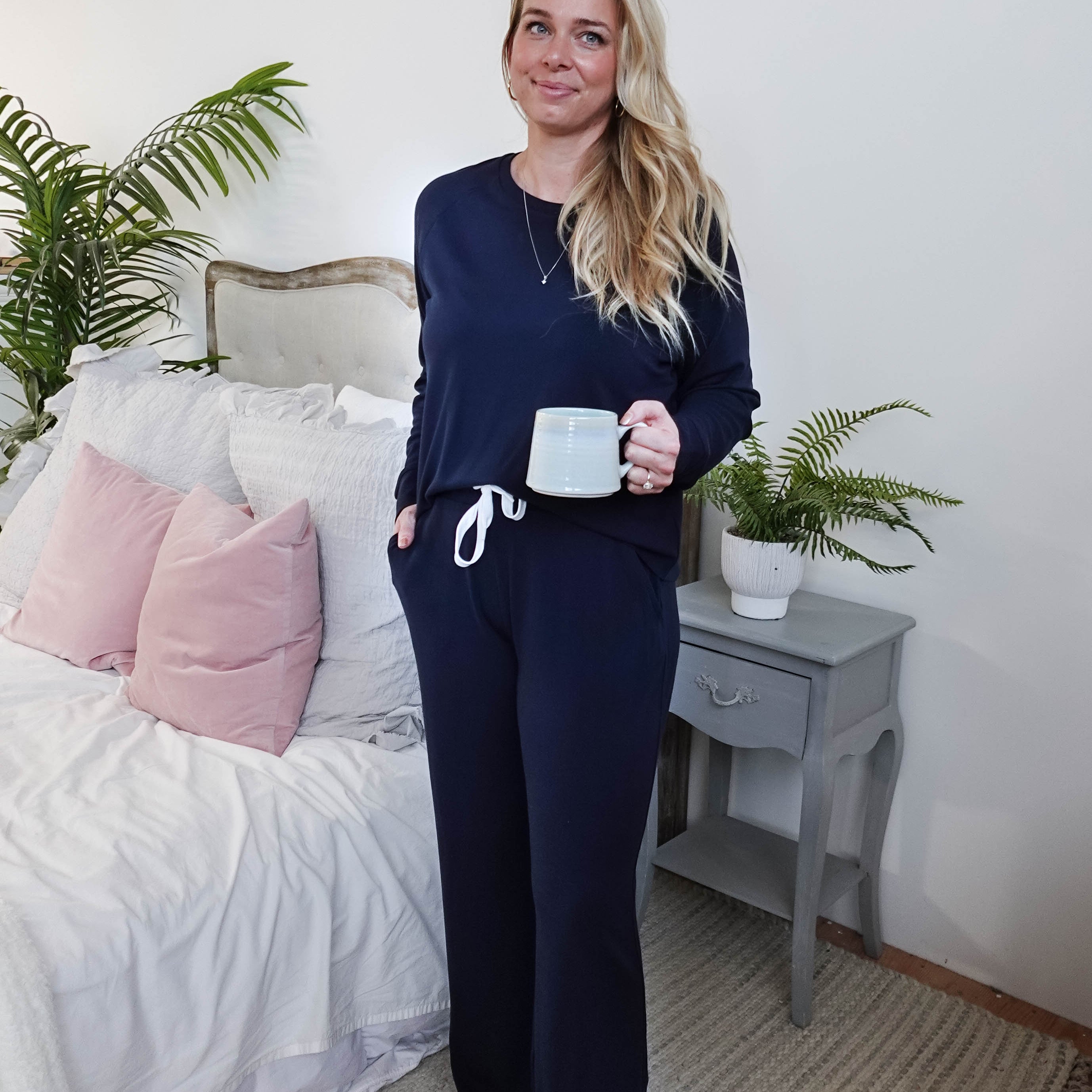 women's bamboo blend lounge set casual long sleeve top and straight pant MIRANDA NIC Navy Blue