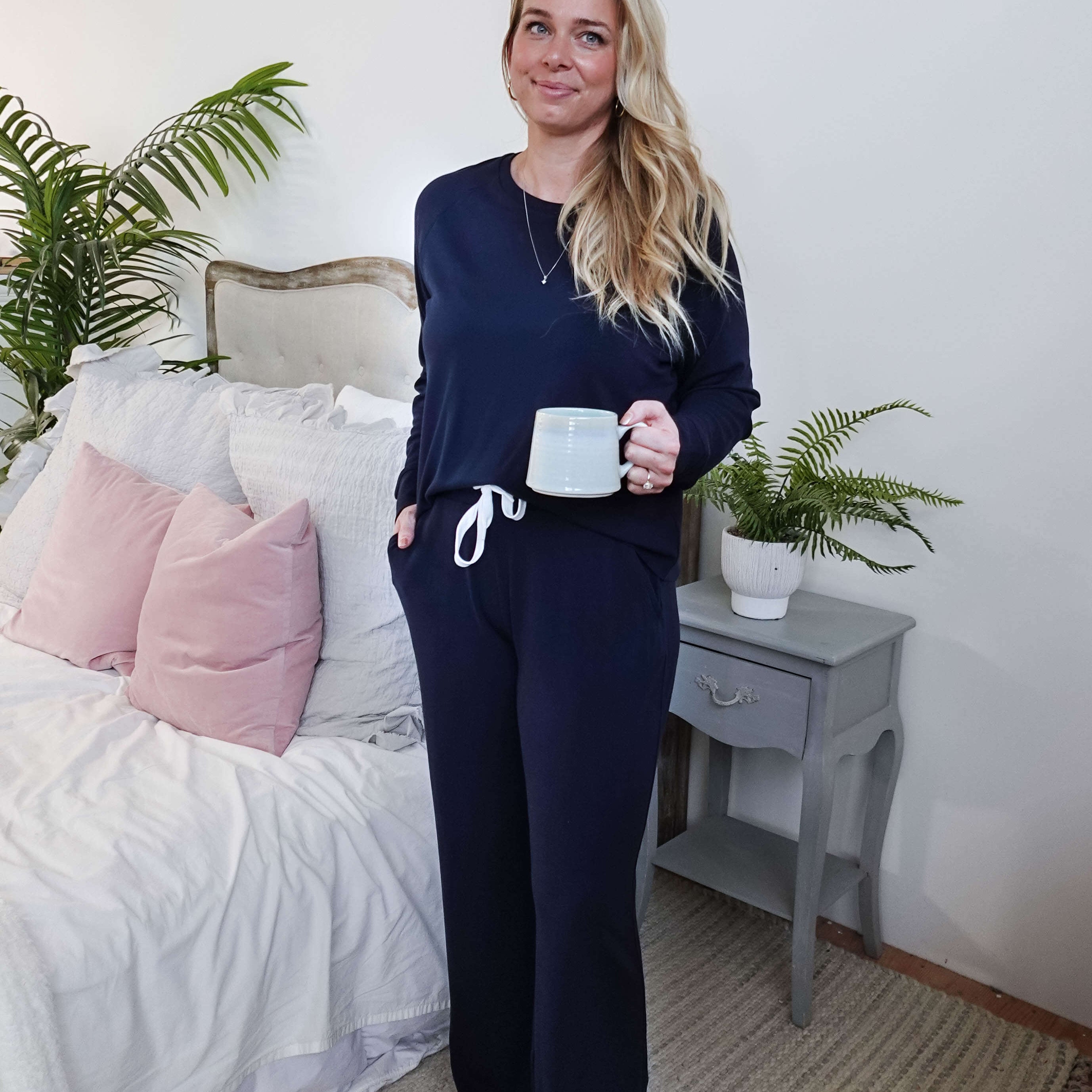 women's bamboo blend lounge set casual long sleeve top and straight pant MIRANDA NIC Navy Blue