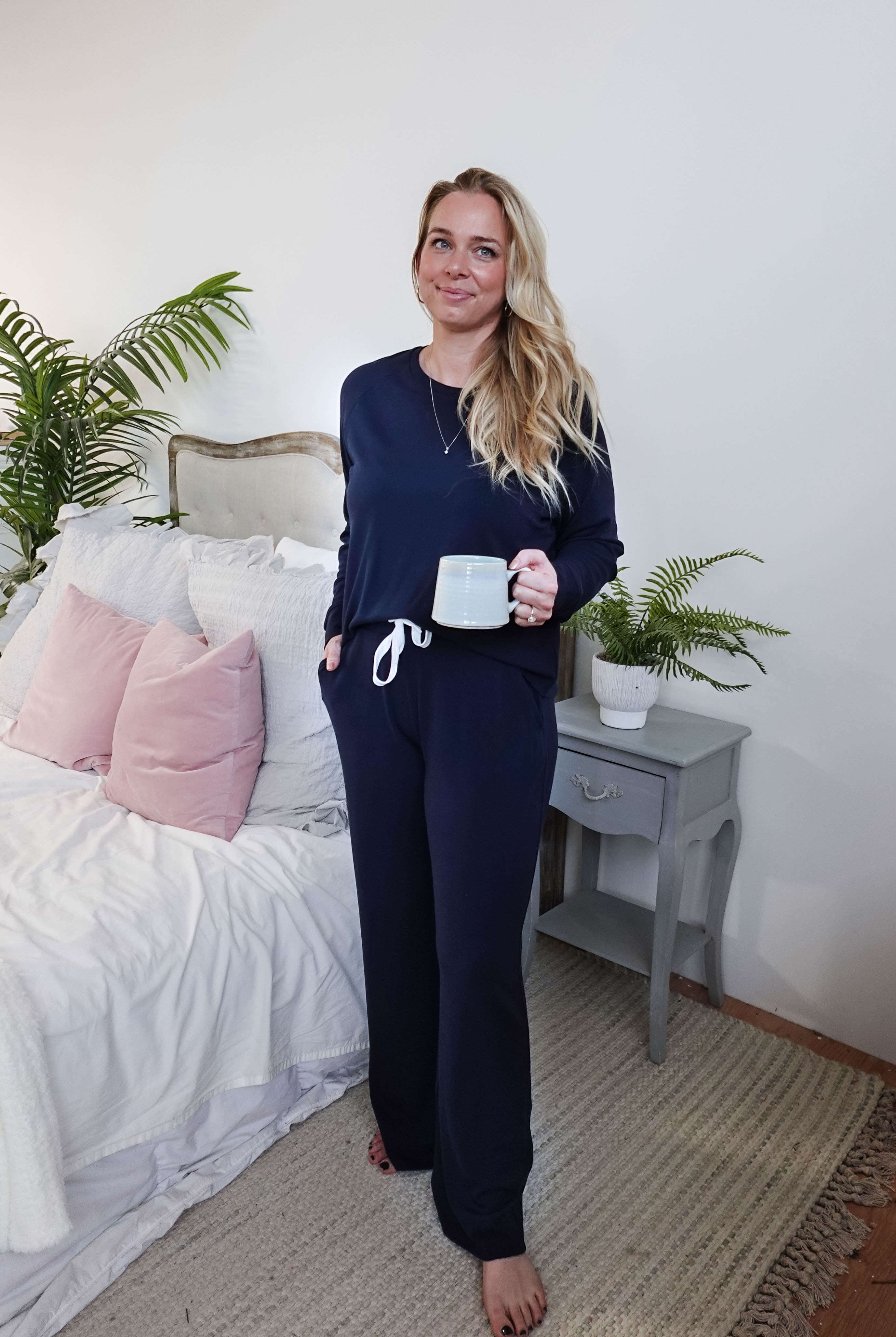 women's bamboo blend lounge set casual long sleeve top and straight pant MIRANDA NIC Navy Blue