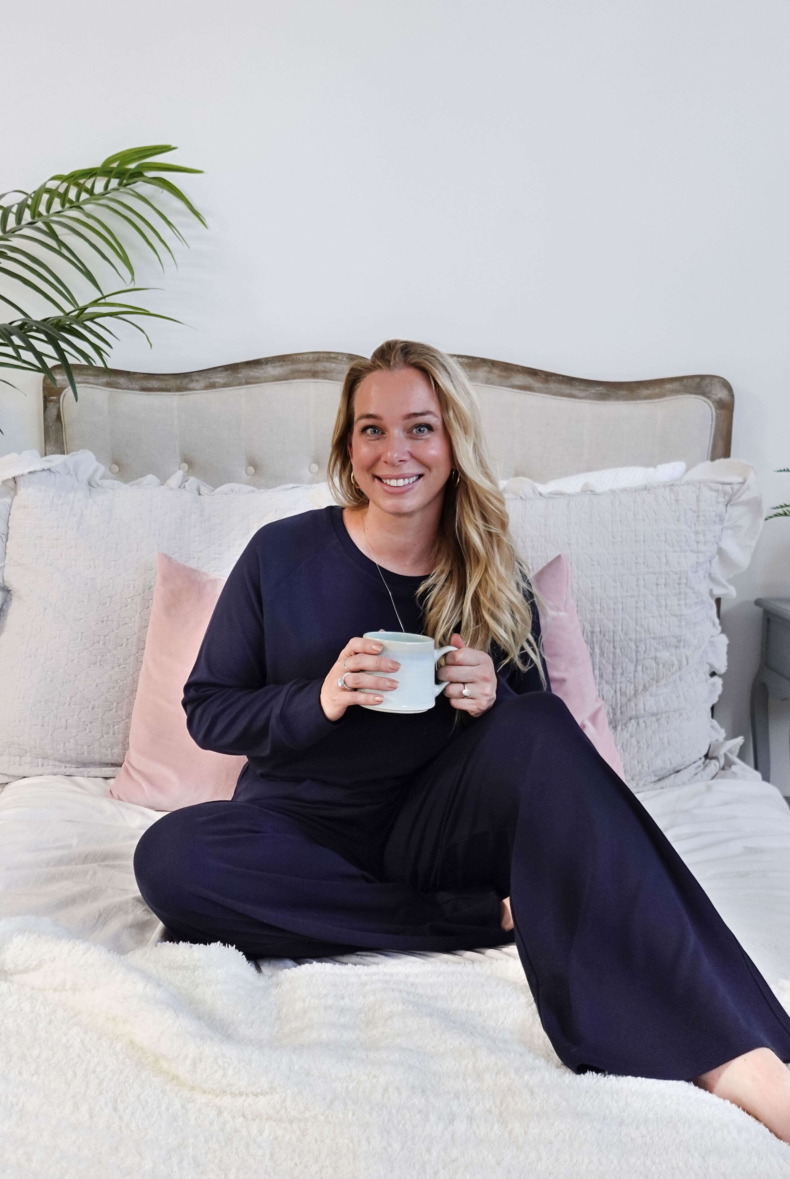 women's bamboo blend lounge set casual long sleeve top and straight pant MIRANDA NIC navy blue