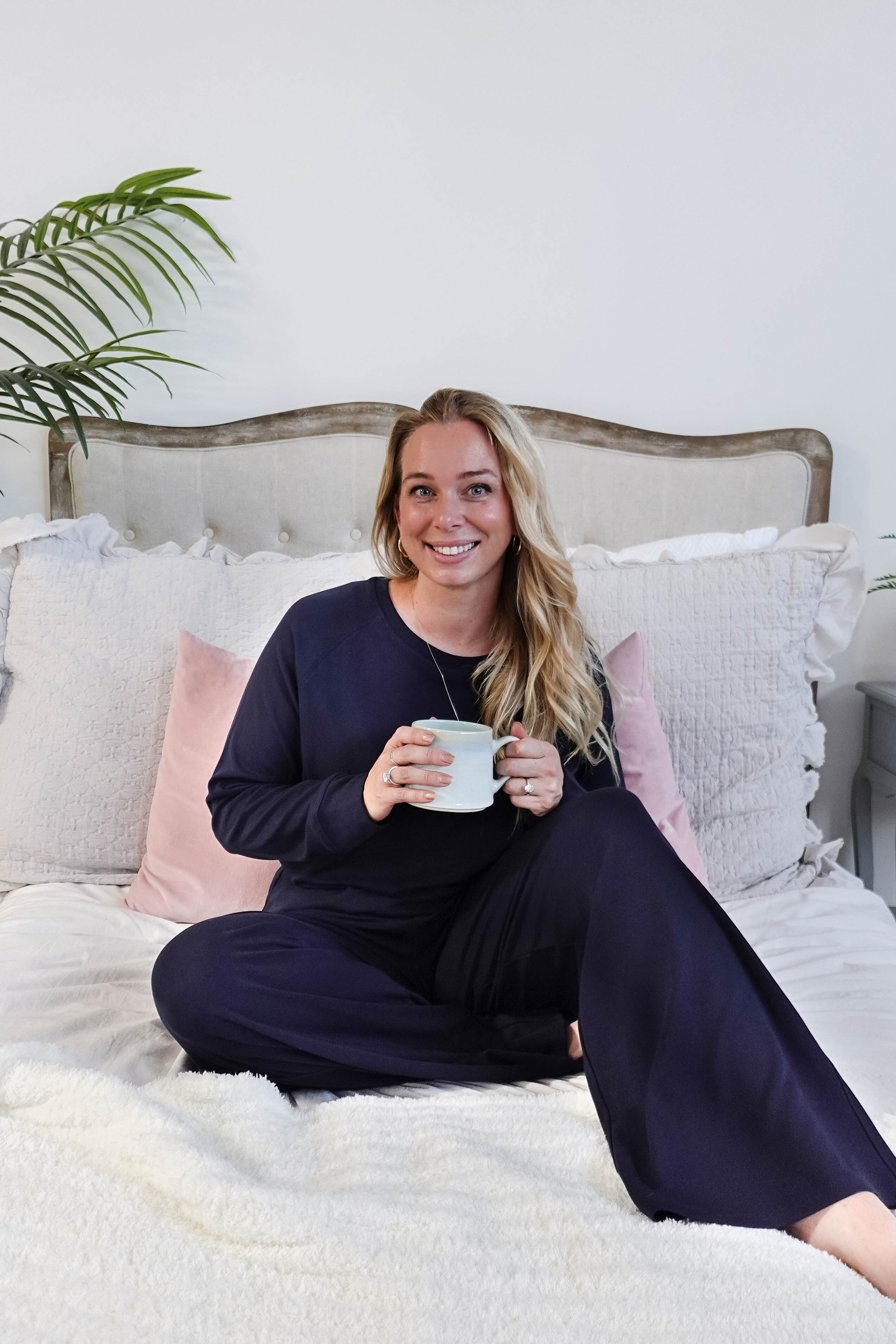 women's bamboo blend lounge set casual long sleeve top and straight pant MIRANDA NIC navy blue