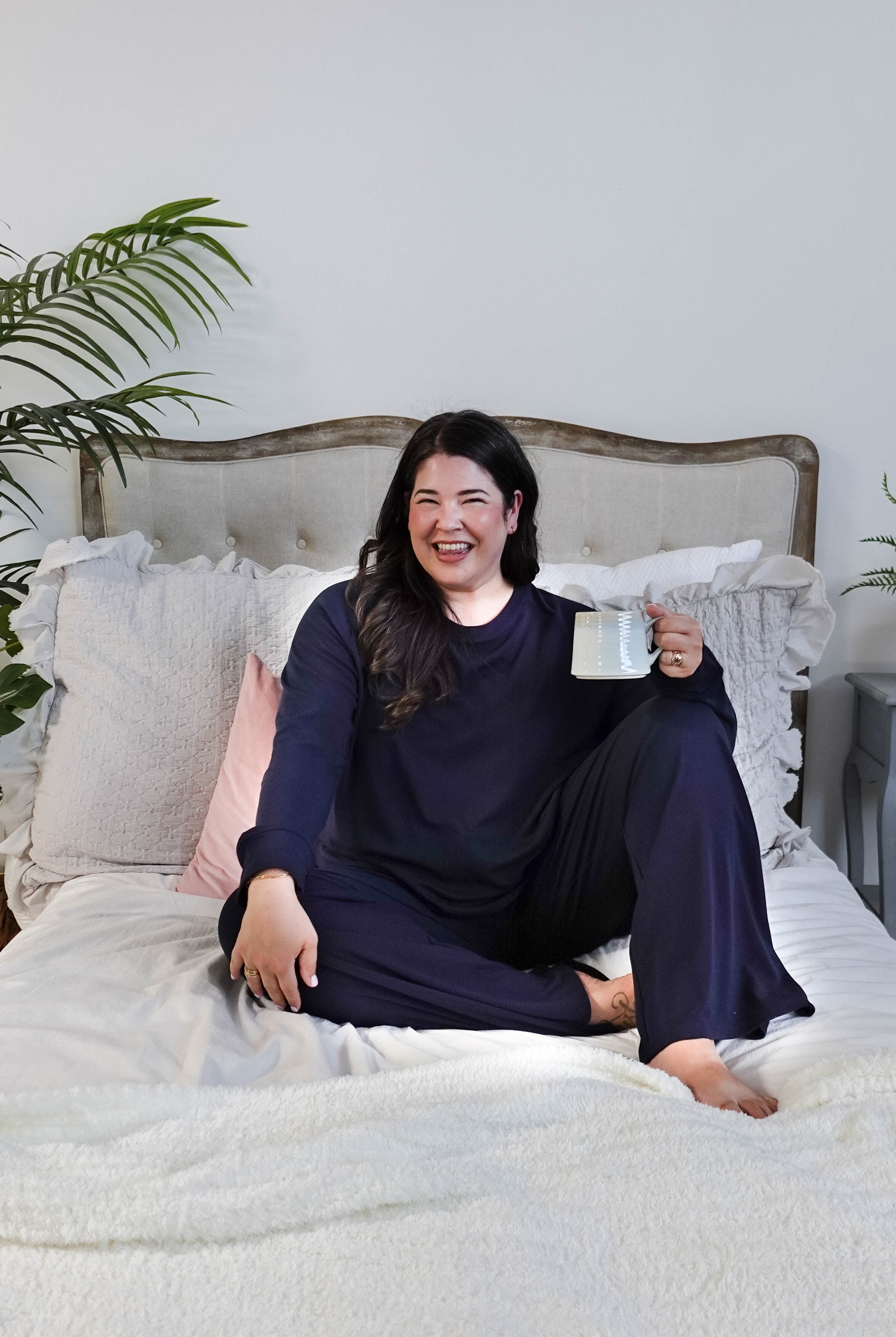 women's bamboo blend lounge set casual long sleeve top and straight pant MIRANDA NIC navy blue