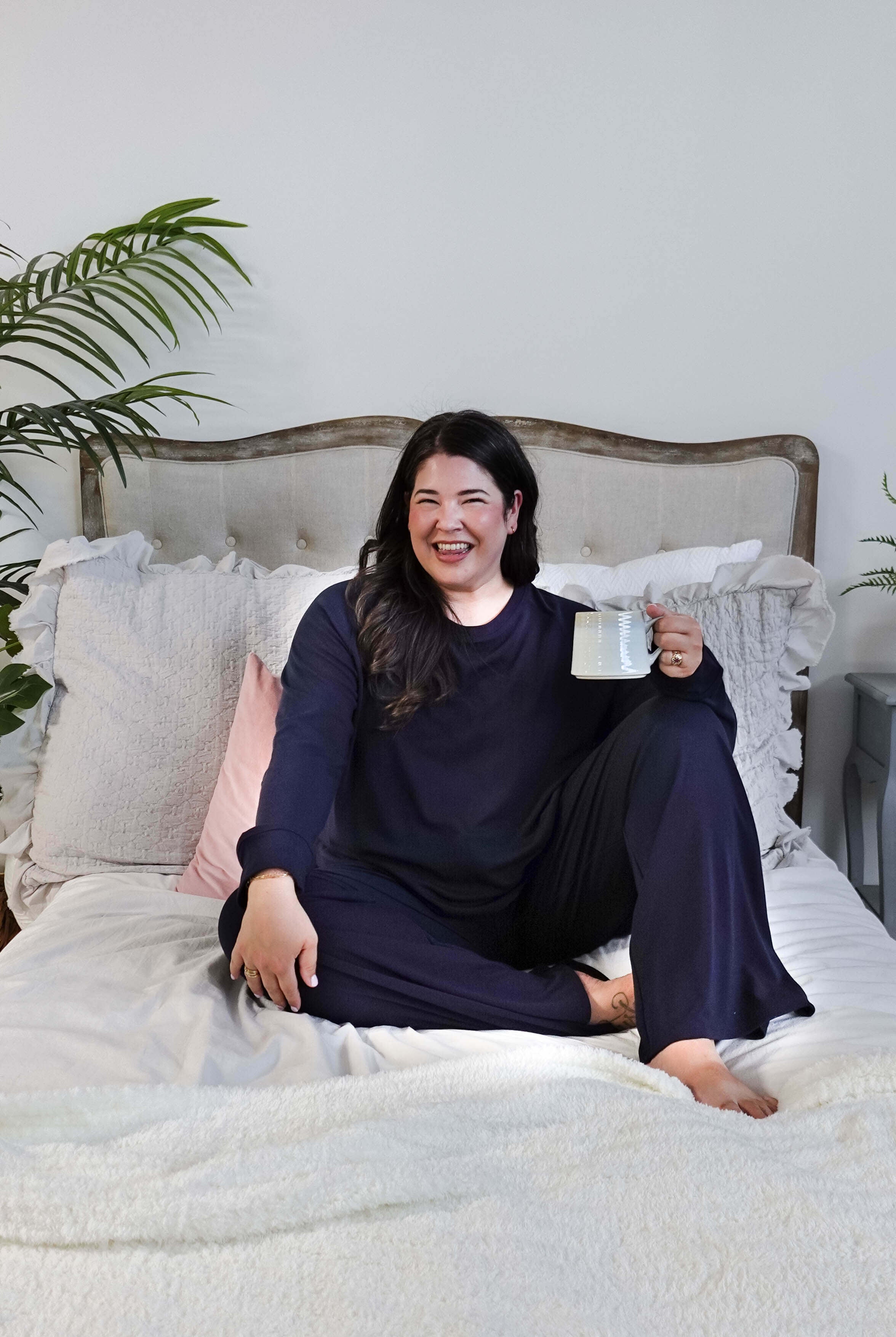 women's bamboo blend lounge set casual long sleeve top and straight pant MIRANDA NIC navy blue