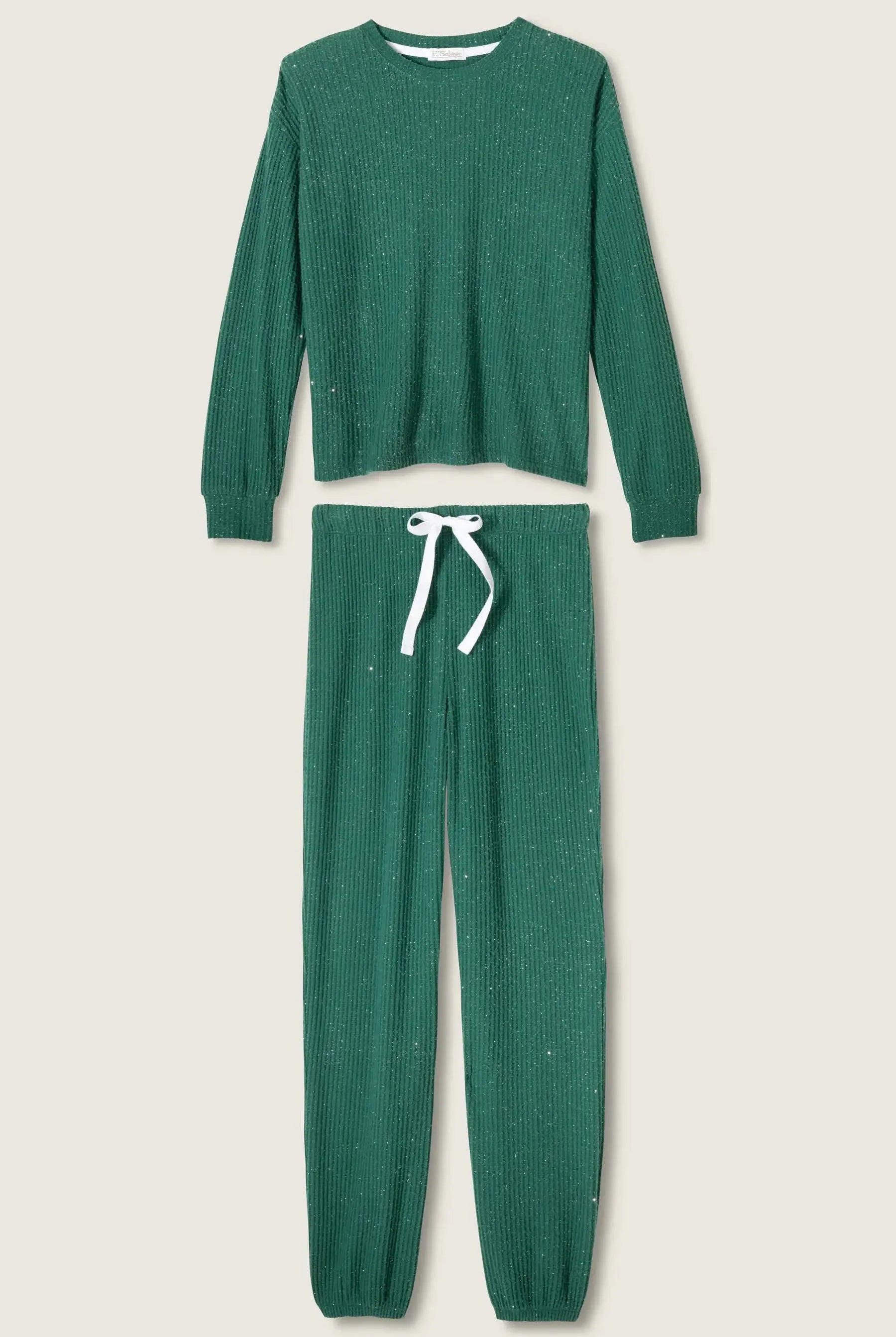 Forest Green Fireside Sparkle Brushed Thermal PJ Set | Long Sleeve Top & Jogger Pants | PJ Salvage