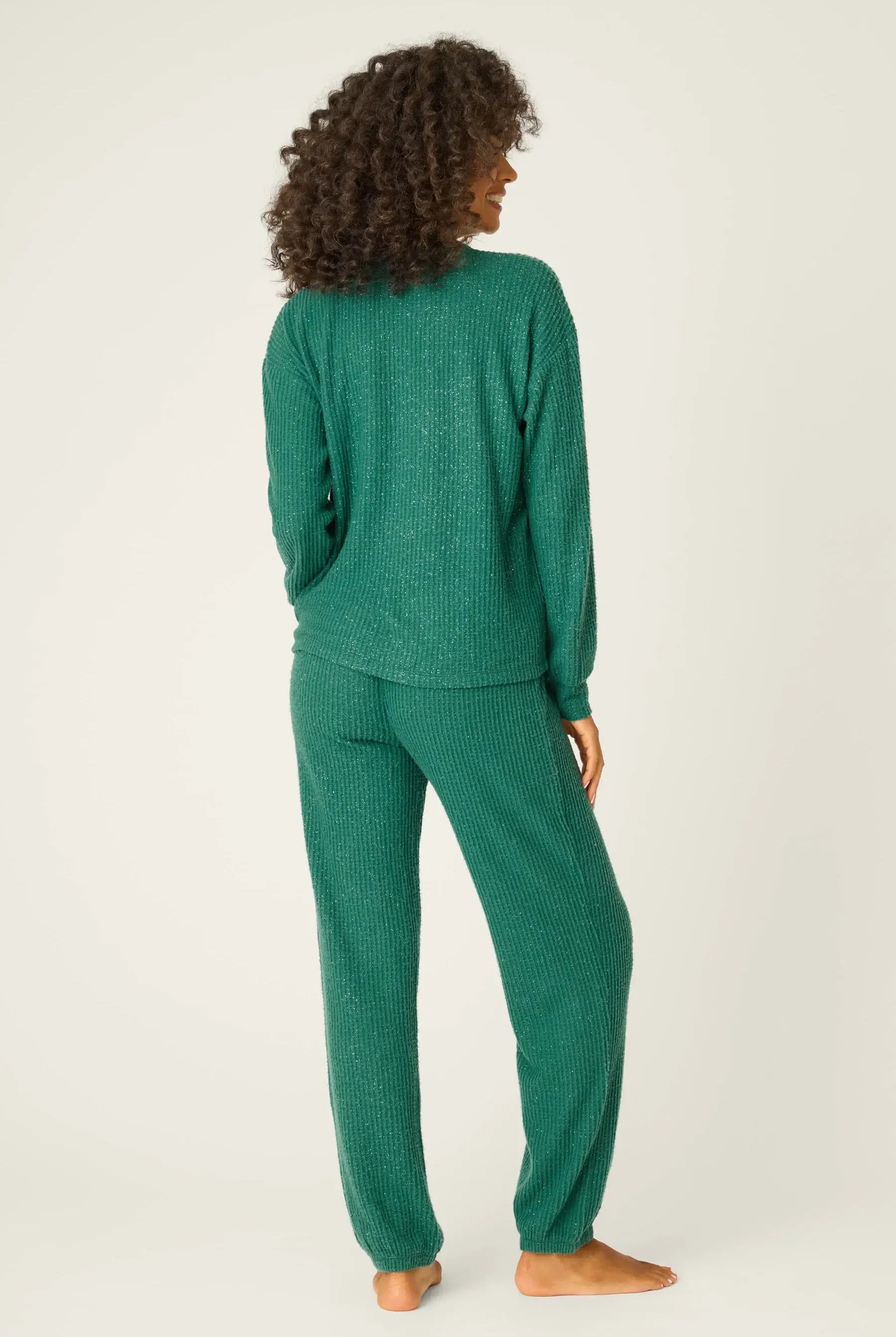 Forest Green Fireside Sparkle Brushed Thermal PJ Set | Long Sleeve Top & Jogger Pants | PJ Salvage