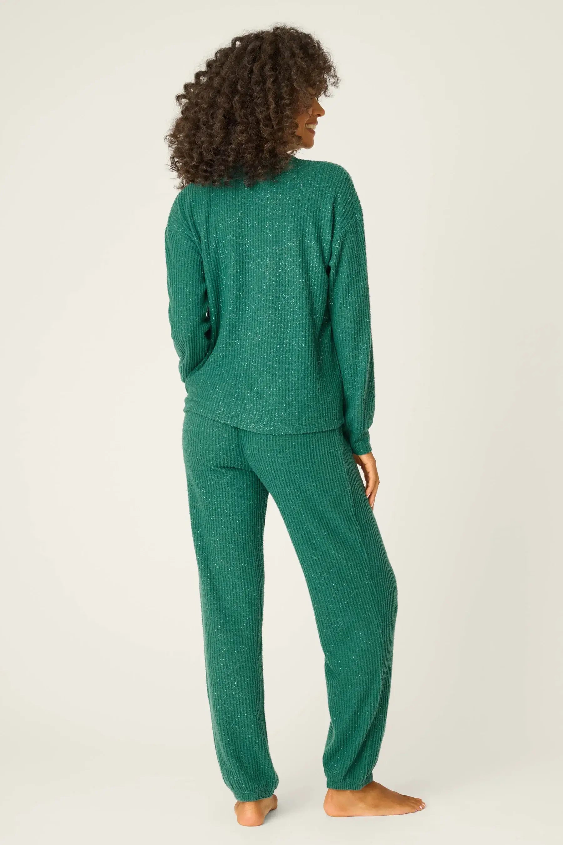 Forest Green Fireside Sparkle Brushed Thermal PJ Set | Long Sleeve Top & Jogger Pants | PJ Salvage