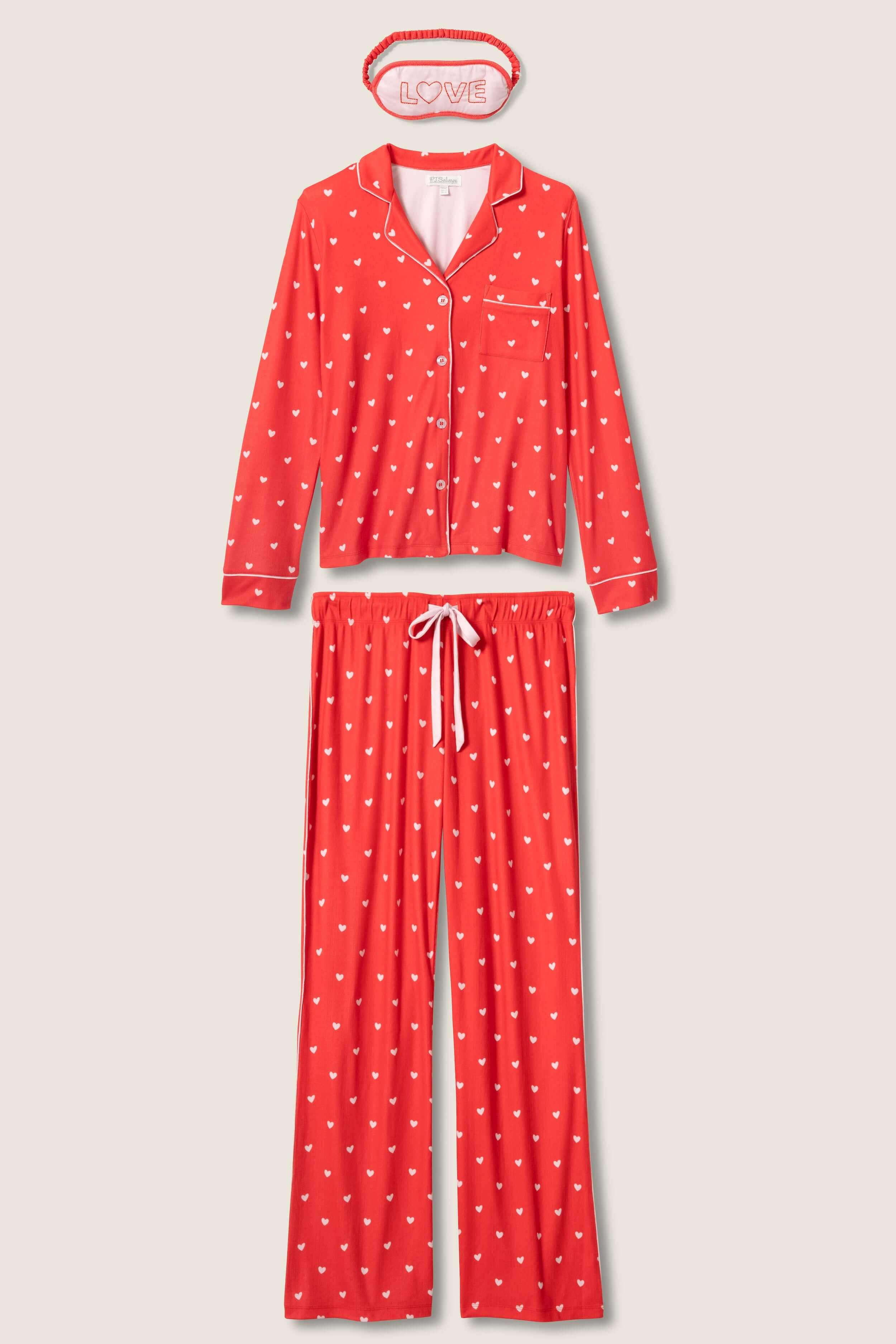 Red Hearts Pointelle Button Up Pajama Gift Set + Eyemask by PJ Salvage in vibrant red with light pink hearts.
